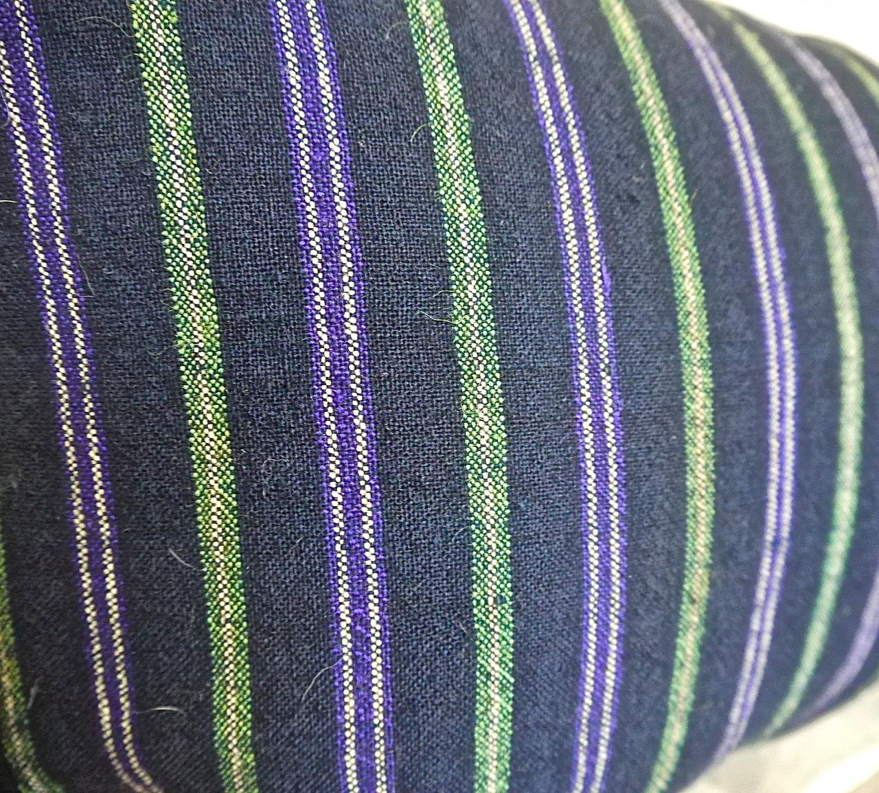 Country Indigo Green Purple White Cotton Wool Striped Pillow, French 19th Century