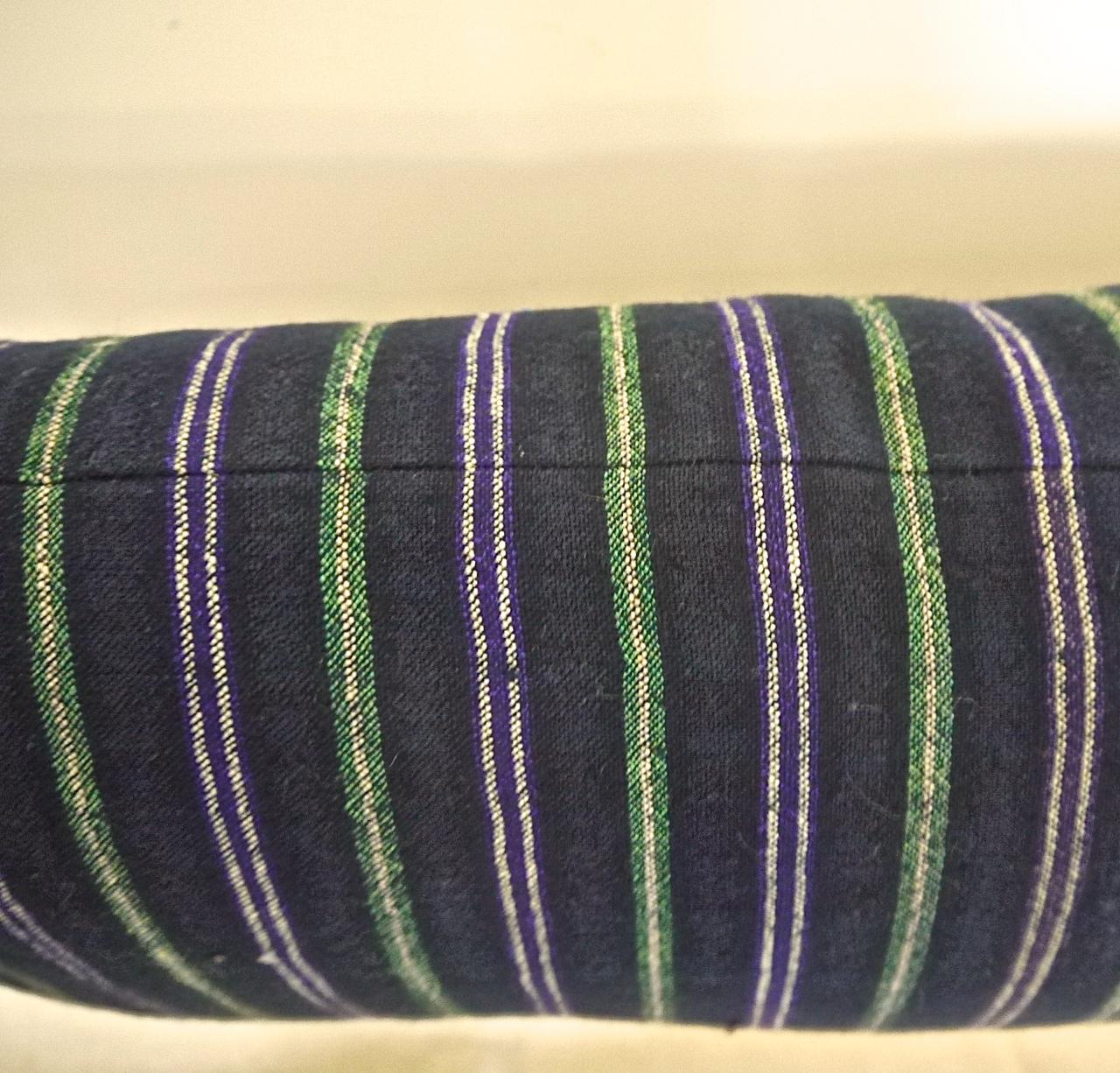 Woven Indigo Green Purple White Cotton Wool Striped Pillow, French 19th Century
