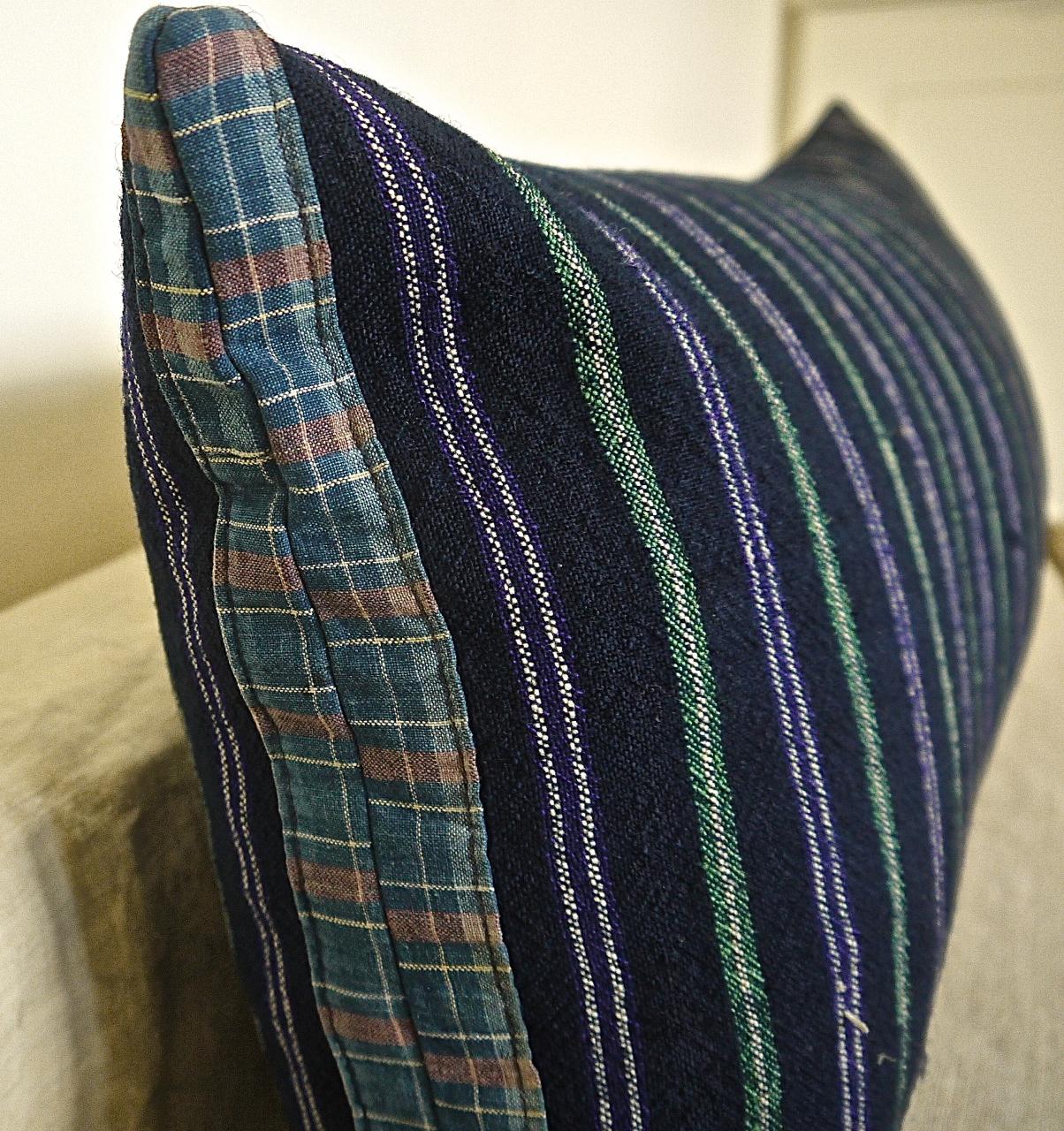 Indigo Green Purple White Cotton Wool Striped Pillow, French 19th Century In Good Condition In London, GB