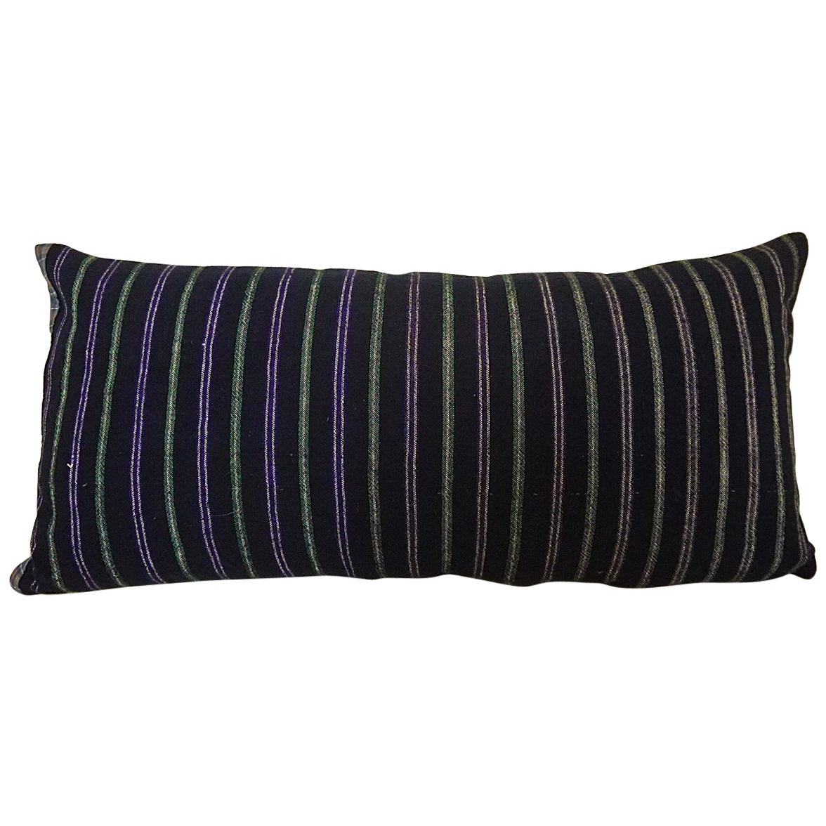 Indigo Green Purple White Cotton Wool Striped Pillow, French 19th Century
