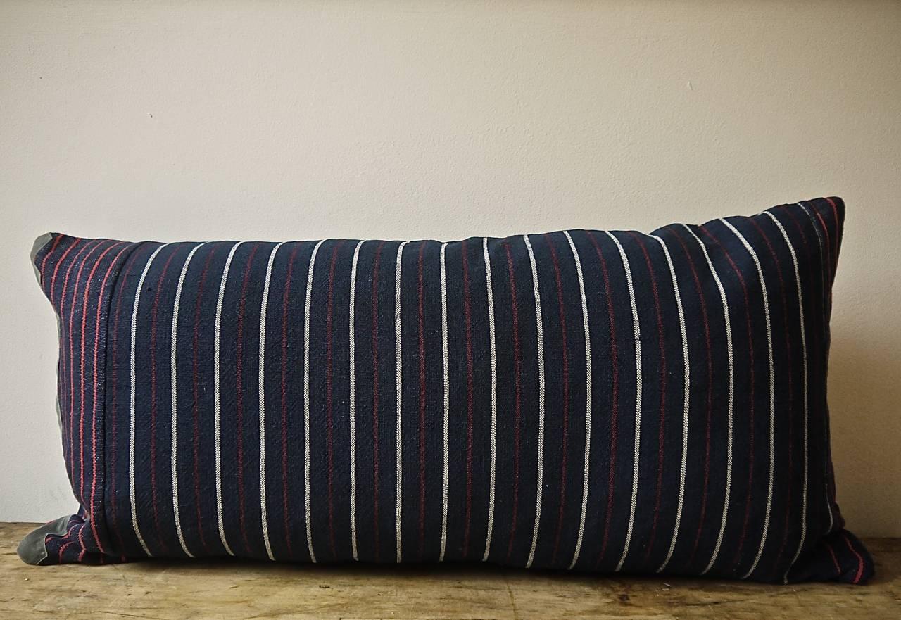 Country Indigo Red White Cotton Wool Striped Pillow, French, circa 1860s