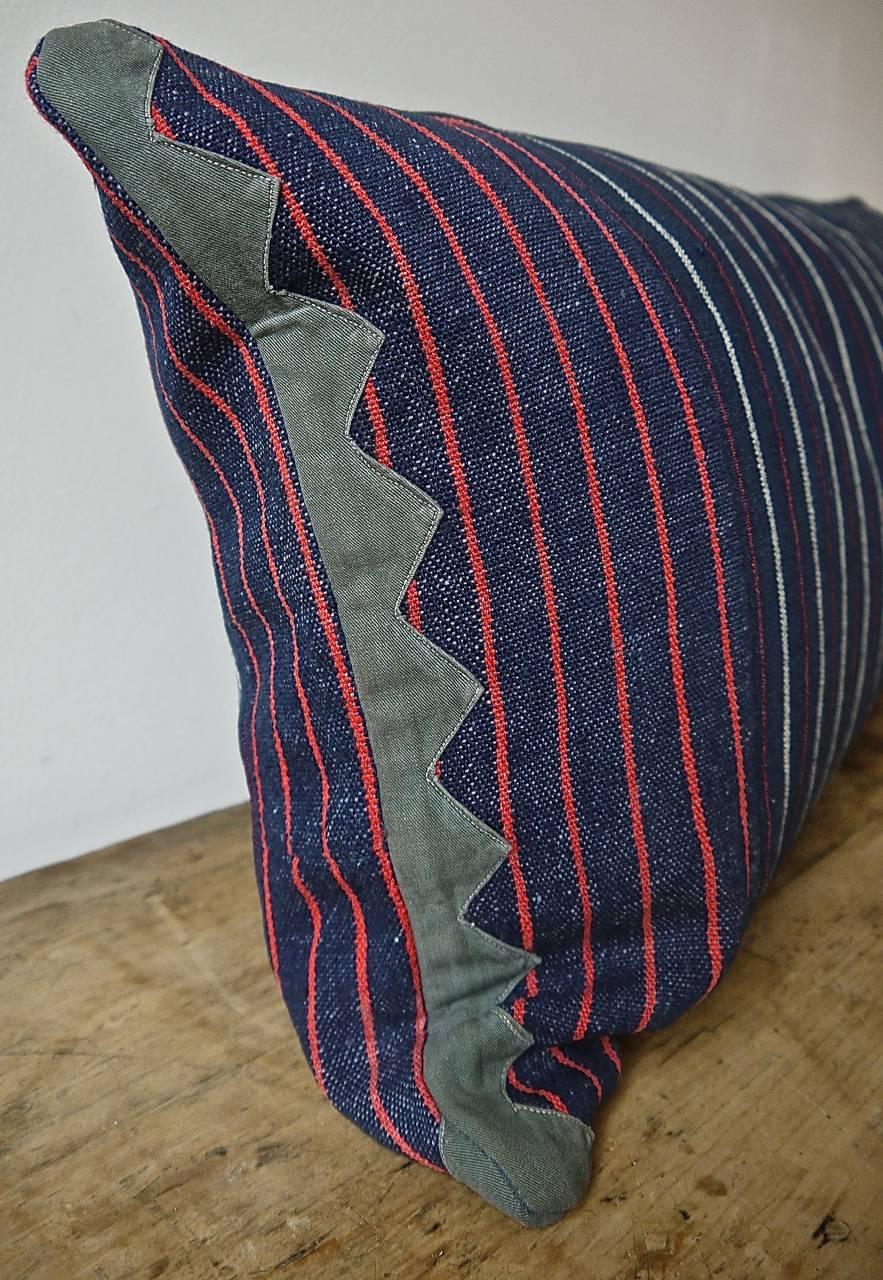 Indigo Red White Cotton Wool Striped Pillow, French, circa 1860s In Good Condition In London, GB