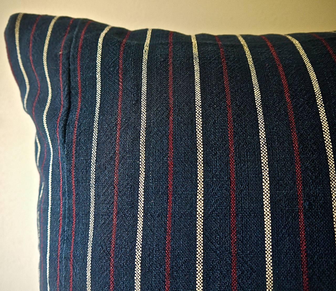 Indigo Red White Cotton Wool Striped Pillow, French, circa 1860s In Good Condition In London, GB