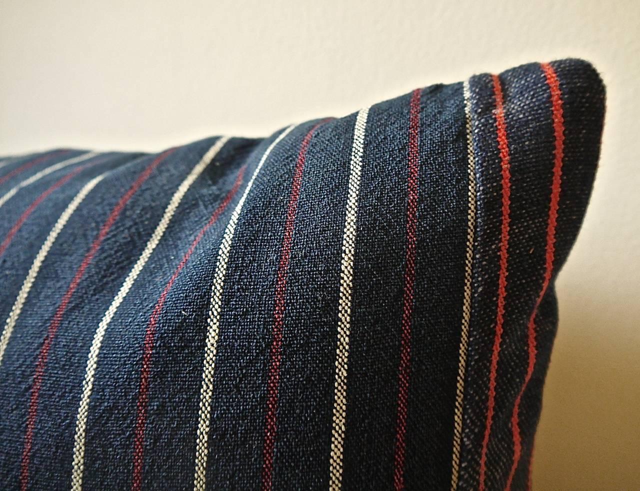 Indigo Red White Cotton Wool Striped Pillow, French, circa 1860s 1