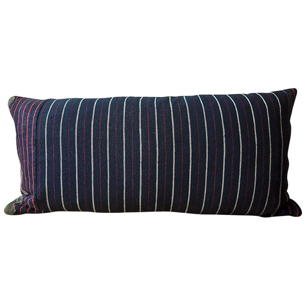 Indigo Red White Cotton Wool Striped Pillow, French, circa 1860s