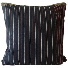 Indigo Red White Cotton Wool Striped Pillow, French, circa 1860s