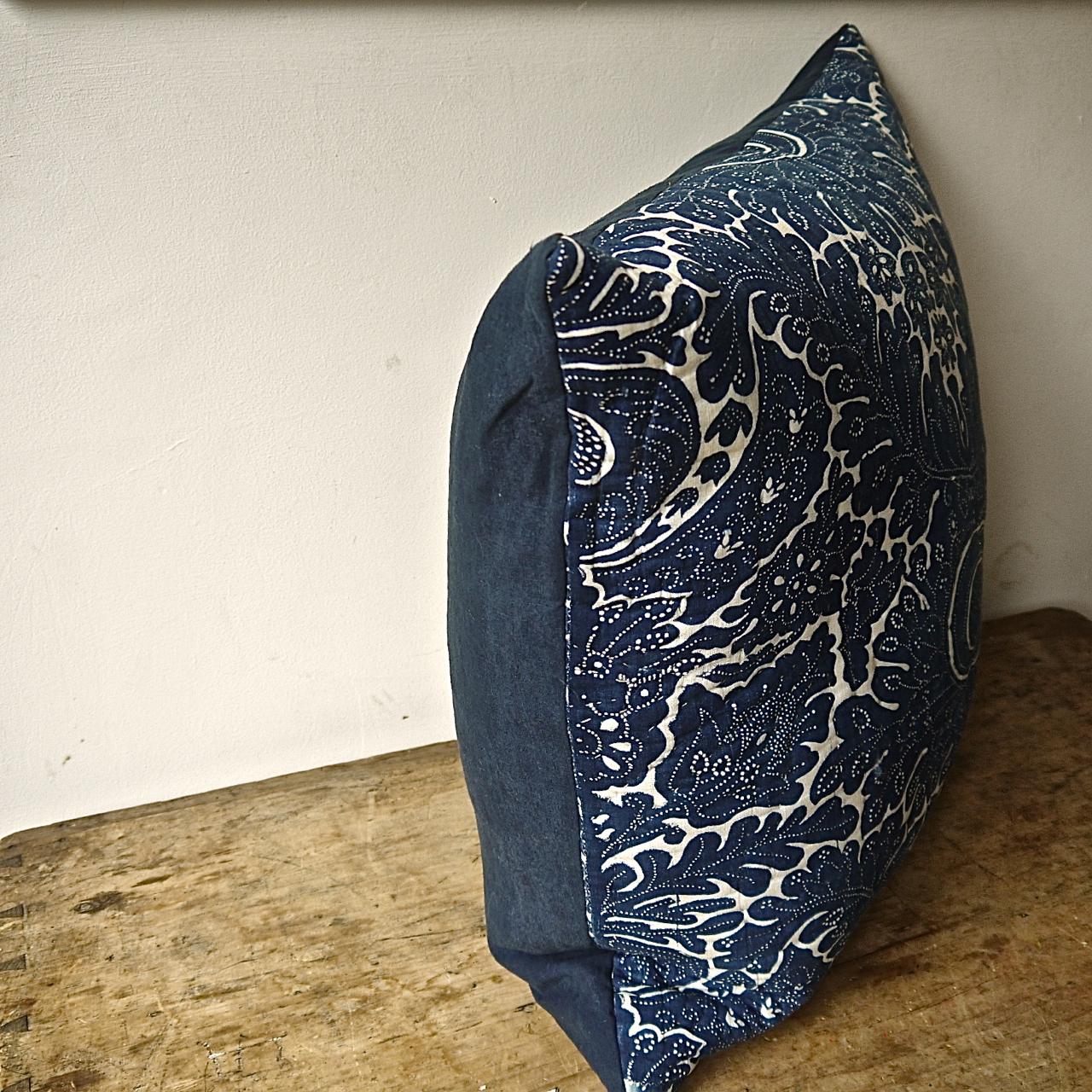 Indigo Resist Block Printed Cotton Pillow French, circa 1800 In Good Condition For Sale In London, GB