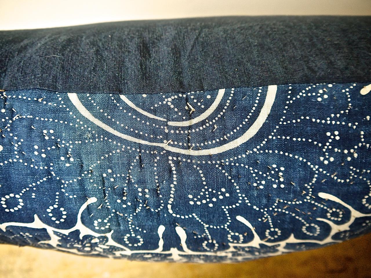 Indigo Resist Block Printed Cotton Pillow French, circa 1800 For Sale 1