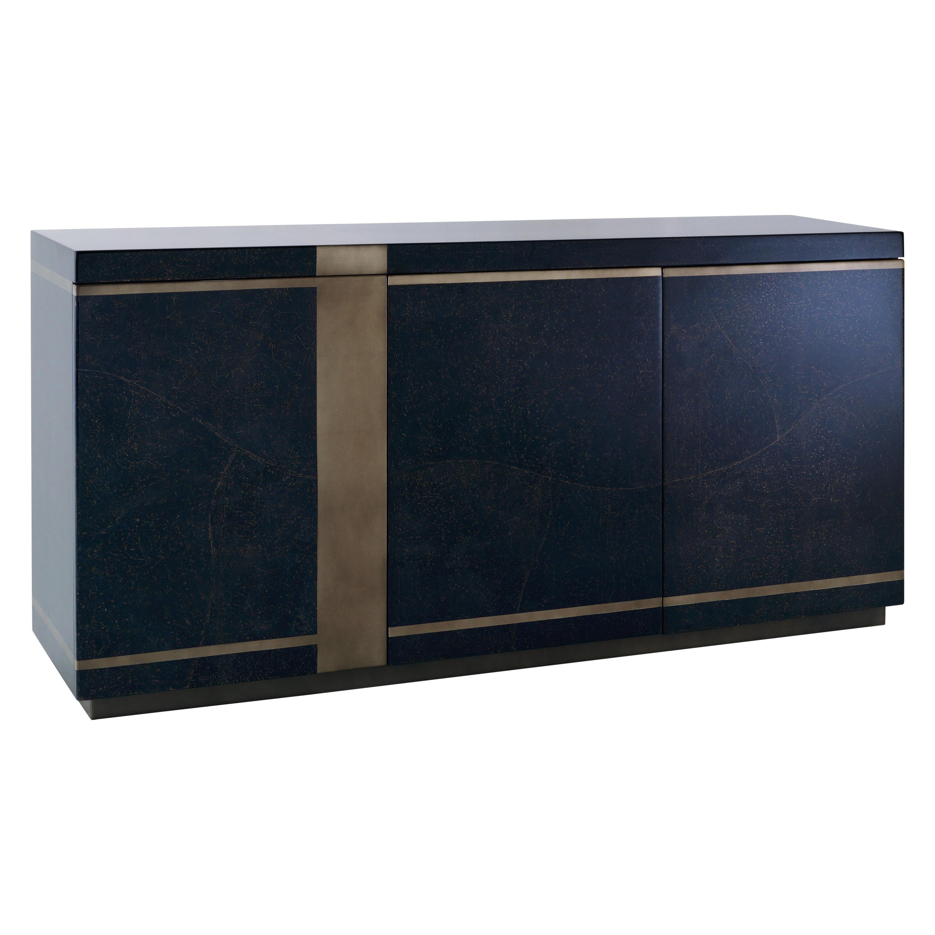 Indigo Skies Cabinet, Sideboard in Blue Parchment and Pewter Leaf, Shelves For Sale