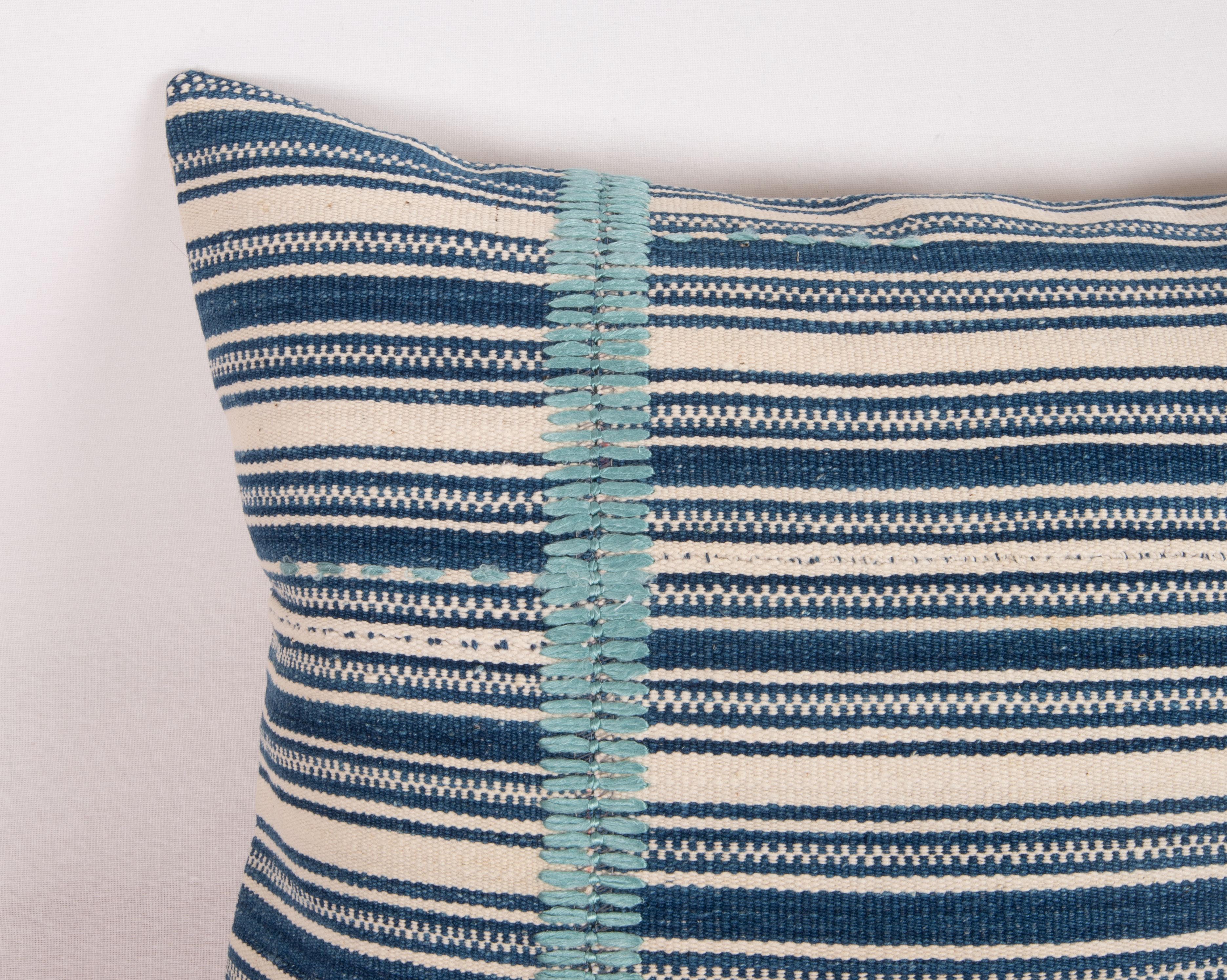 Hand-Woven Indigo Stripped Pillow Cover, Made from a Mid 20th C. Turkish Kilim