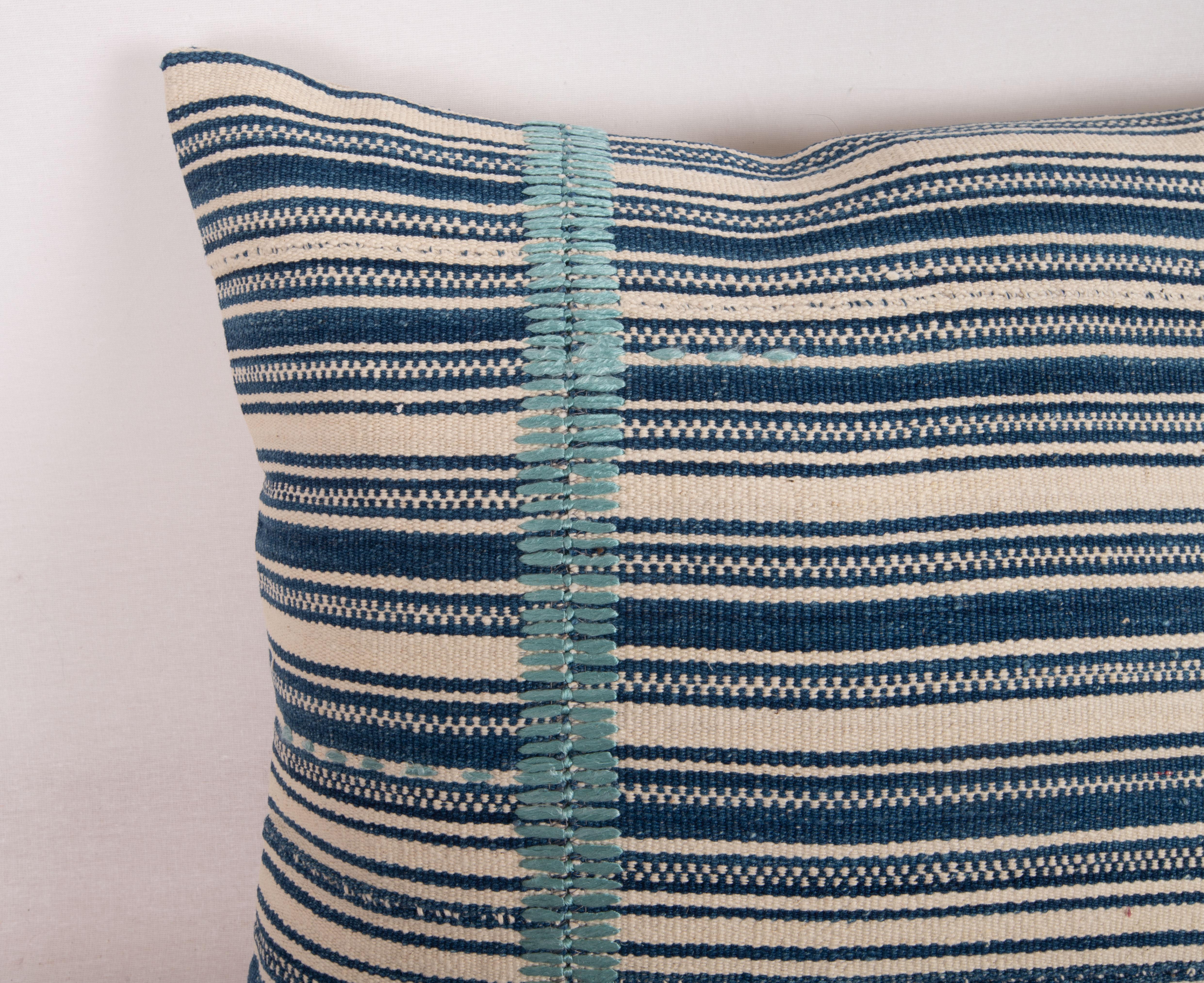 Hand-Woven Indigo Stripped Pillow Cover, Made from a Mid 20th C. Turkish Kilim