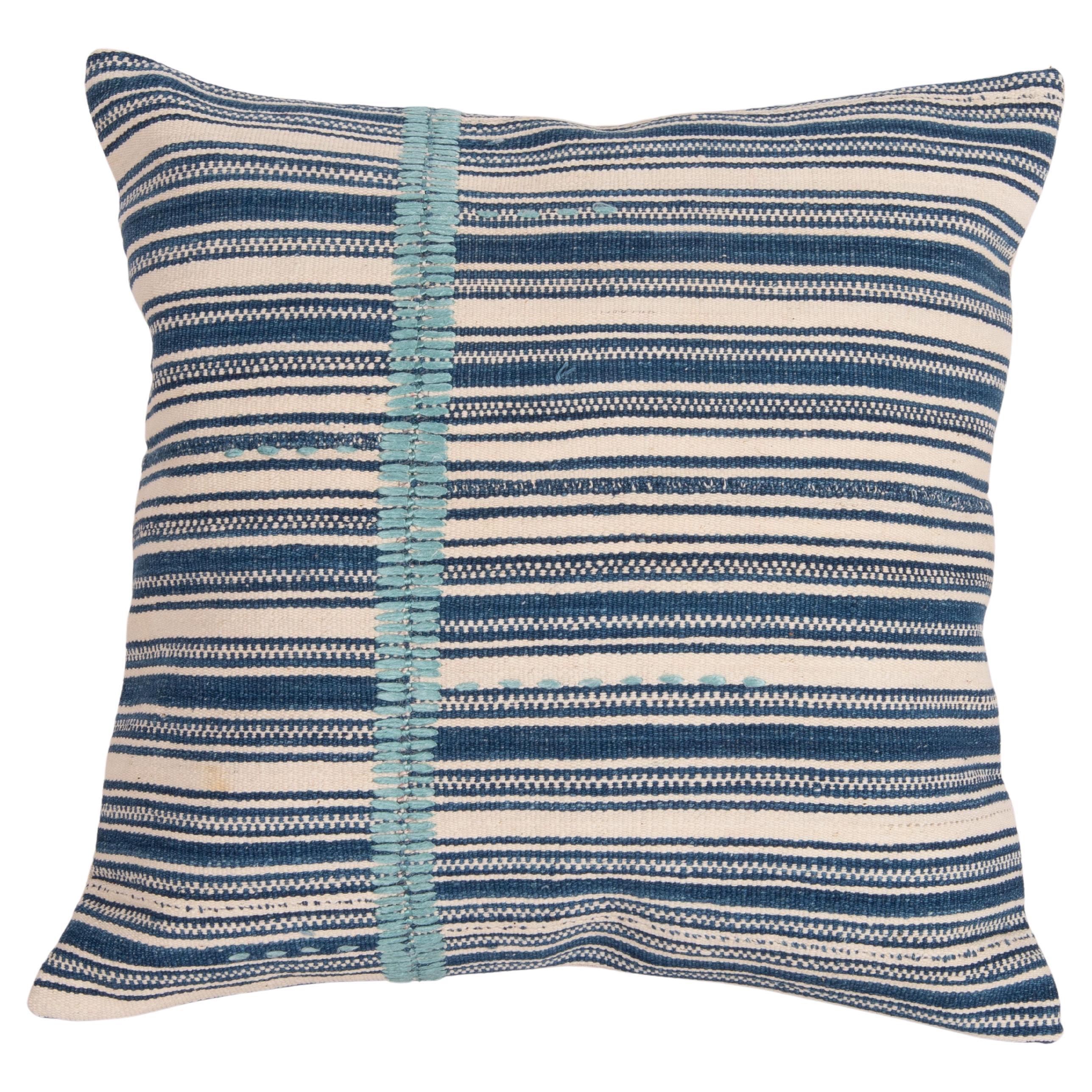 Indigo Stripped Pillow Cover, Made from a Mid 20th C. Turkish Kilim For Sale