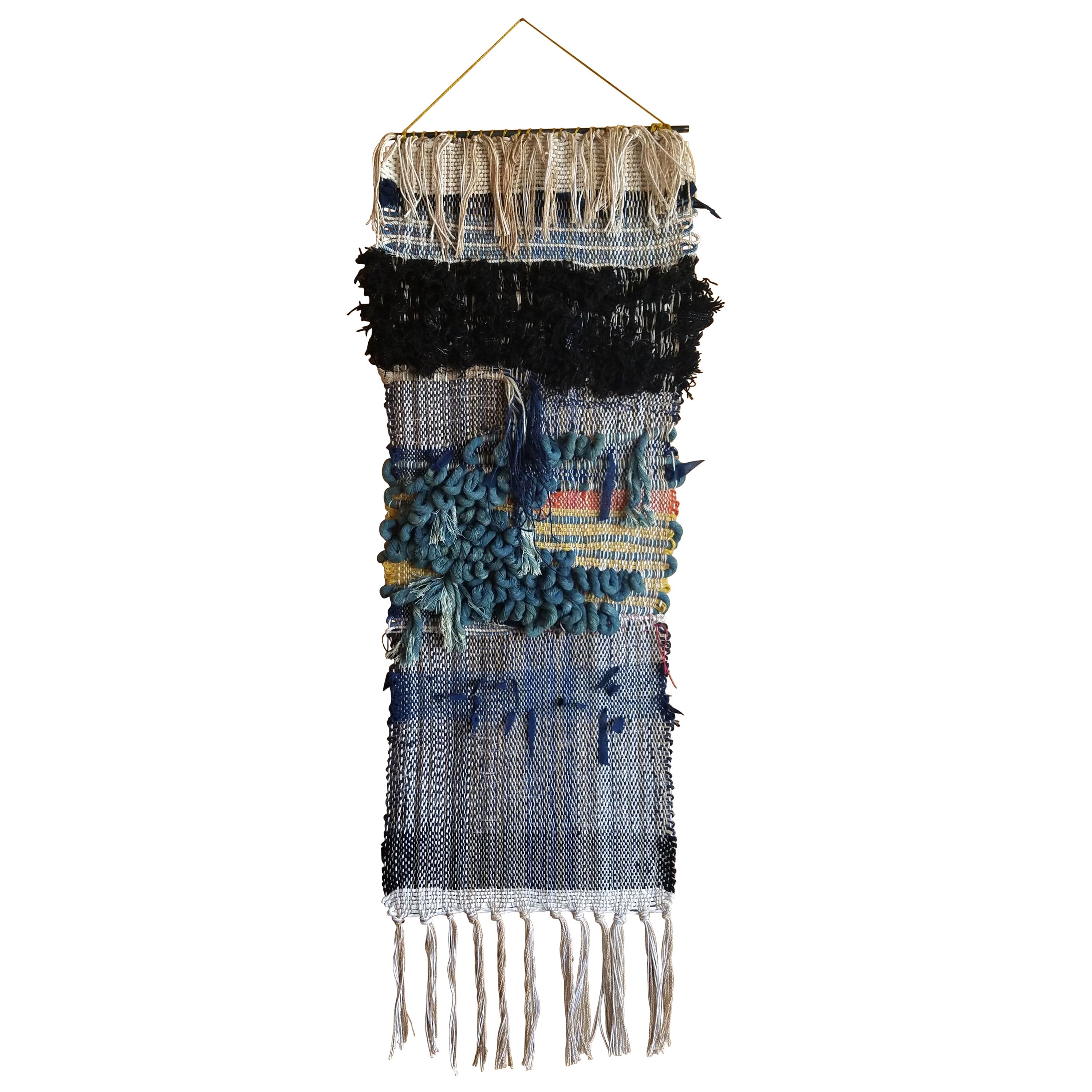 Indigo Blue Fiber Art Weaving by All Roads For Sale