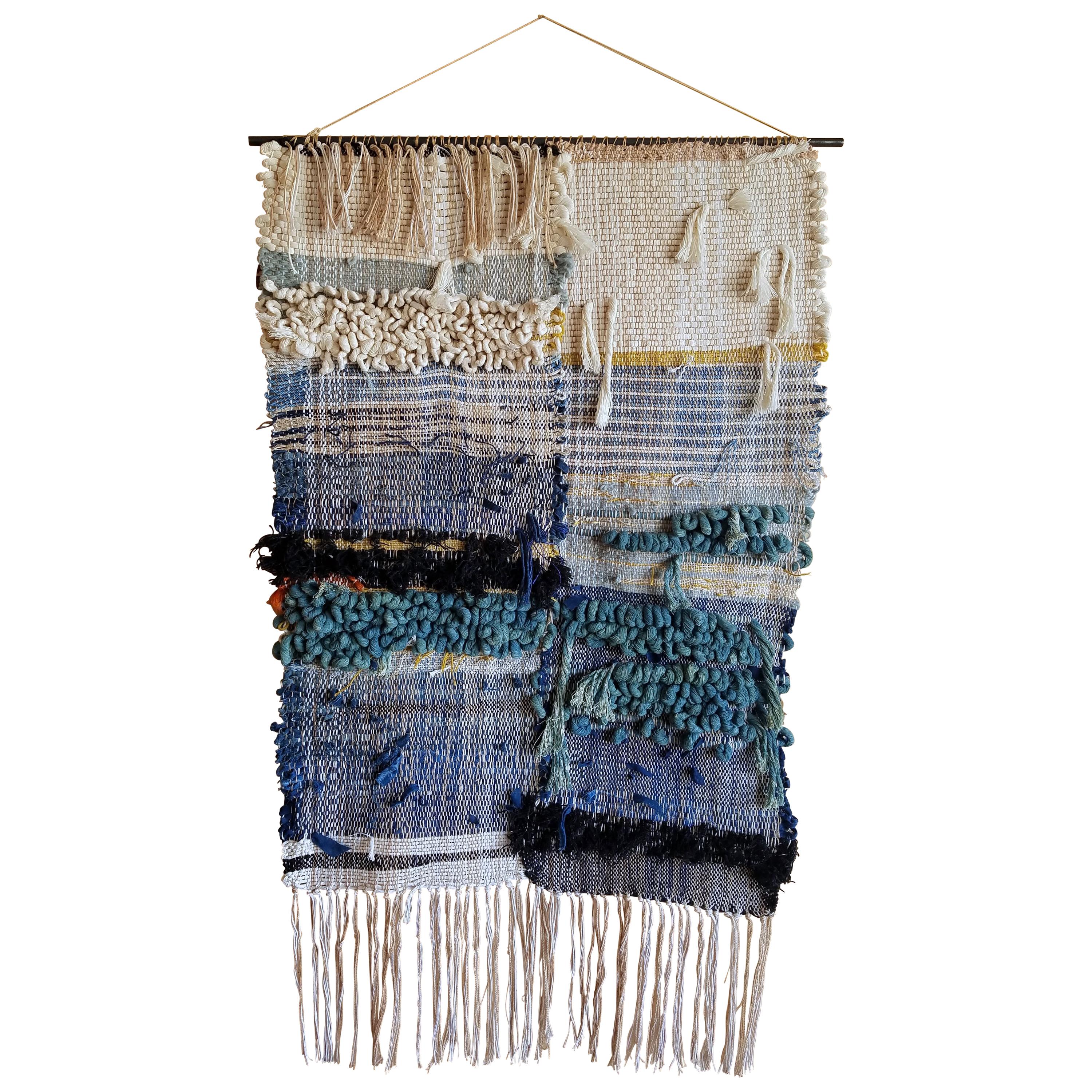 Indigo Blue Fiber Art Weaving by All Roads For Sale