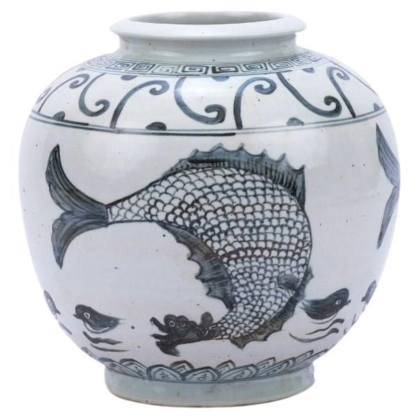 Indigo Yuan Fish Open Top Porcelain Jar For Sale
