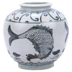 Indigo Yuan Fish Open Top Porcelain Jar