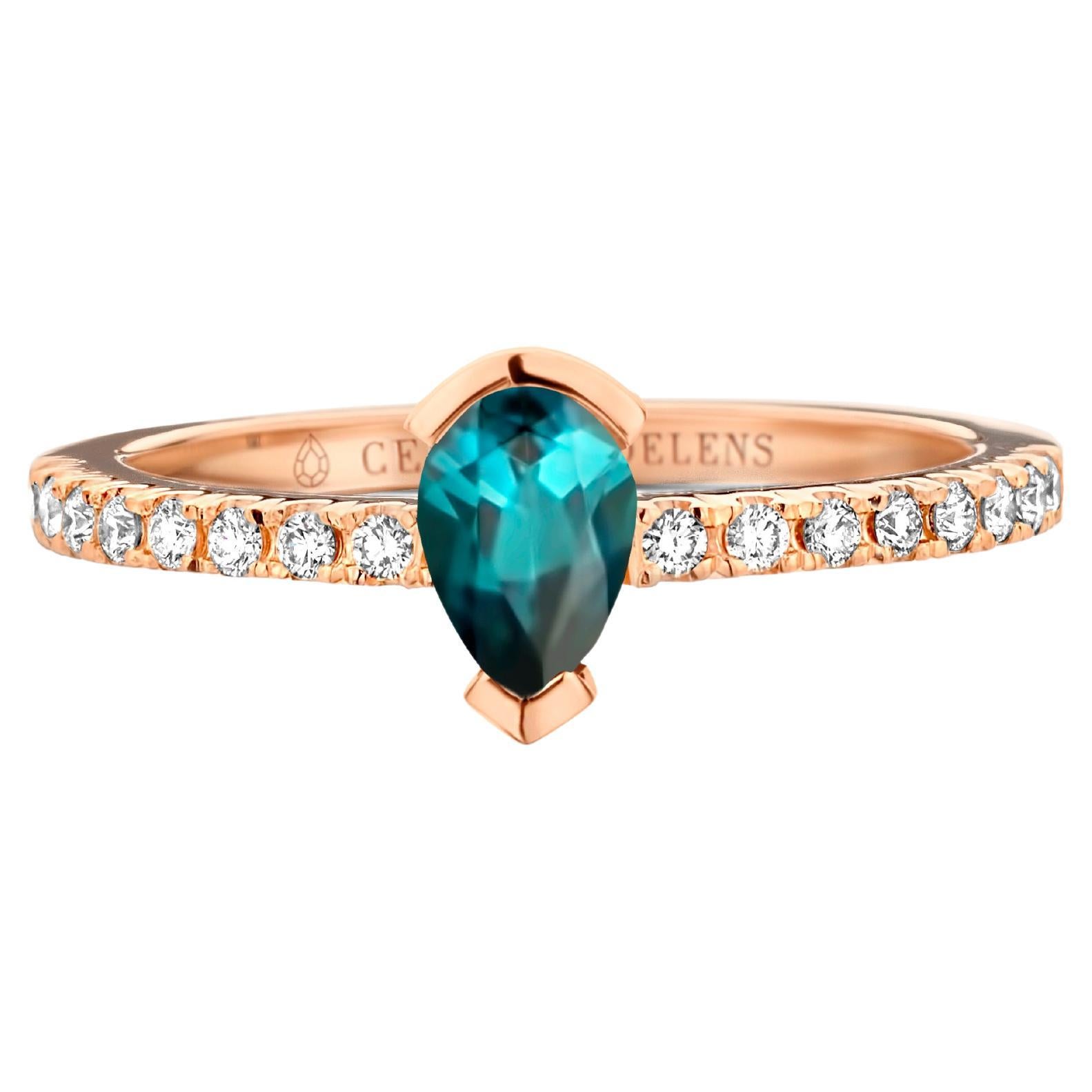 Bague de fiançailles en or rose avec tourmaline indicolite et diamant