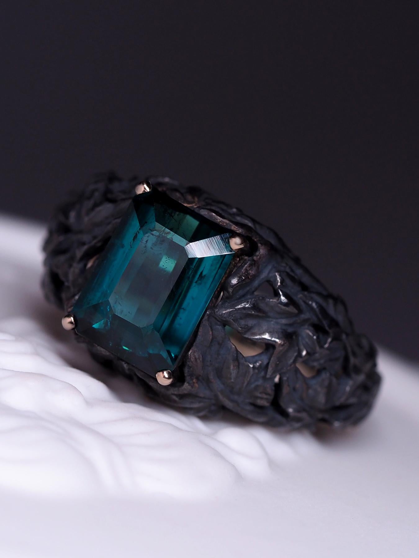 Indigolite Gold Ring Tourmaline Antique Style Engagement Ring art nouveau style For Sale 8