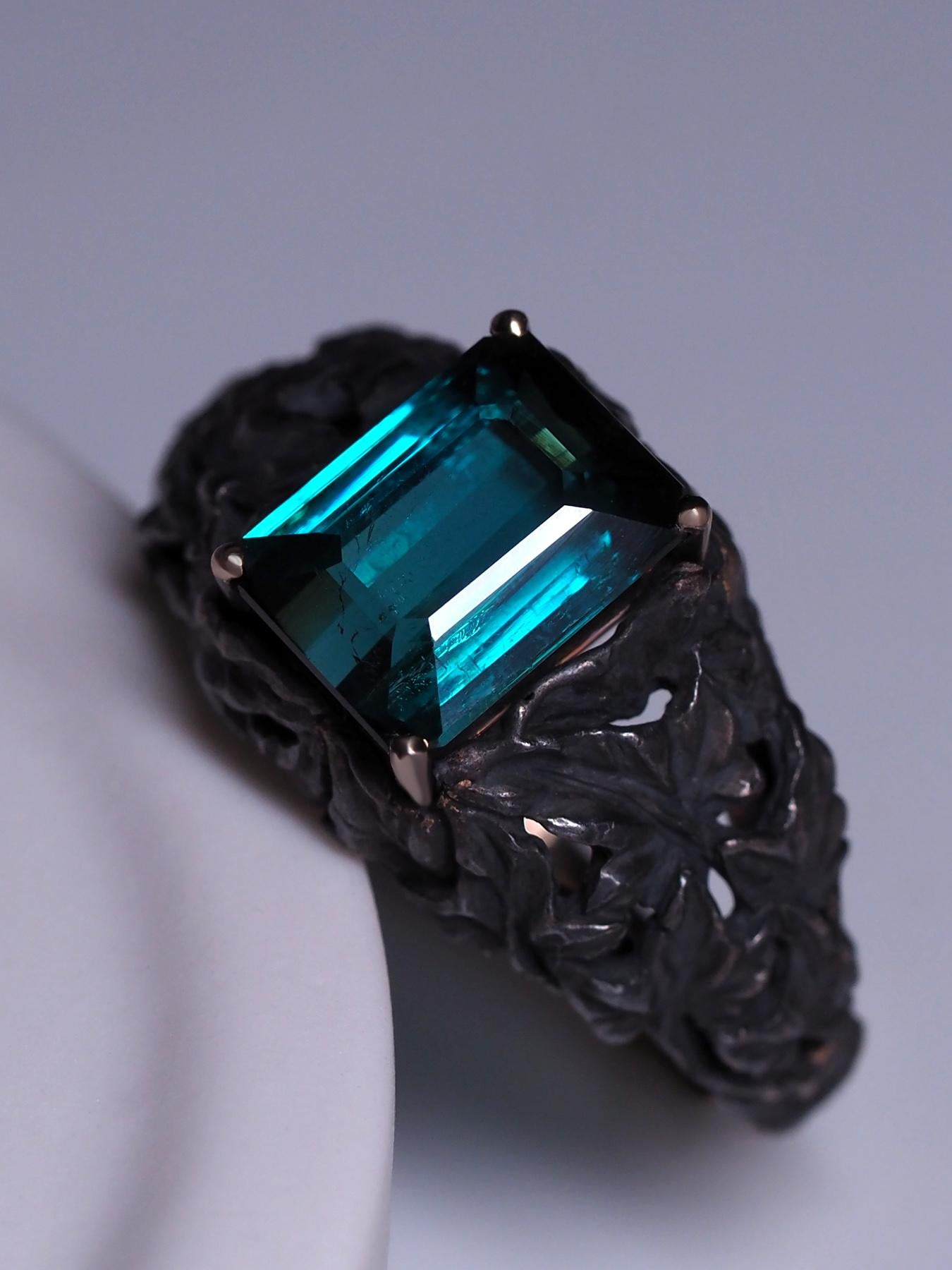 Indigolite Gold Ring Tourmaline Antique Style Engagement Ring art nouveau style For Sale 9