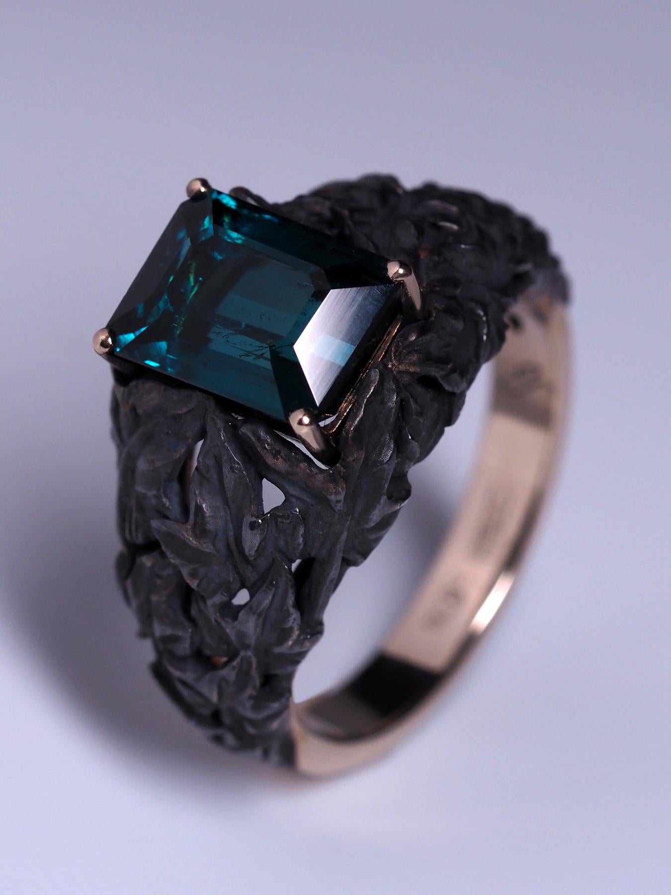Indigolite Gold Ring Tourmaline Antique Style Engagement Ring art nouveau style For Sale 11