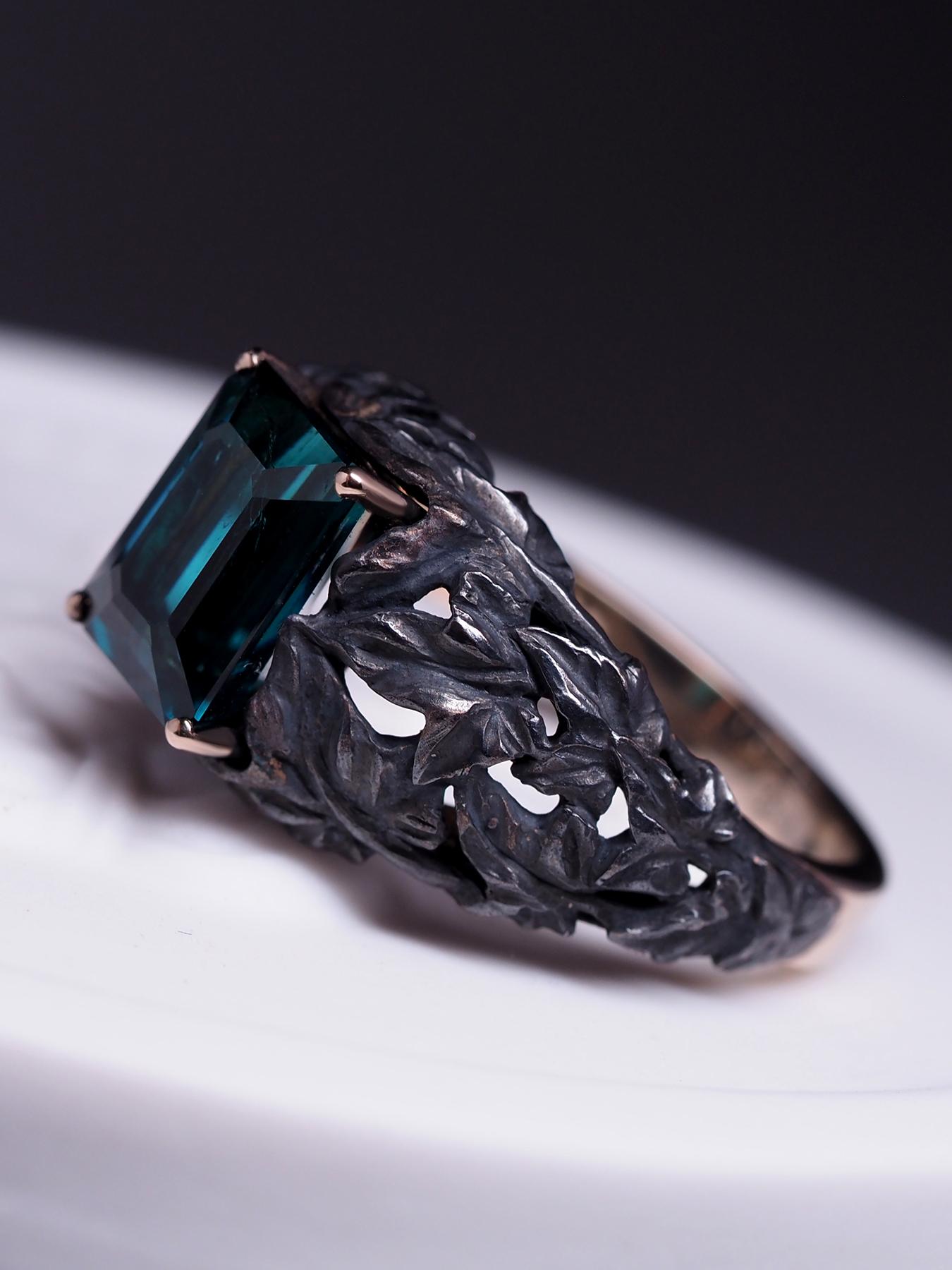 Indigolite Gold Ring Tourmaline Antique Style Engagement Ring art nouveau style For Sale 2