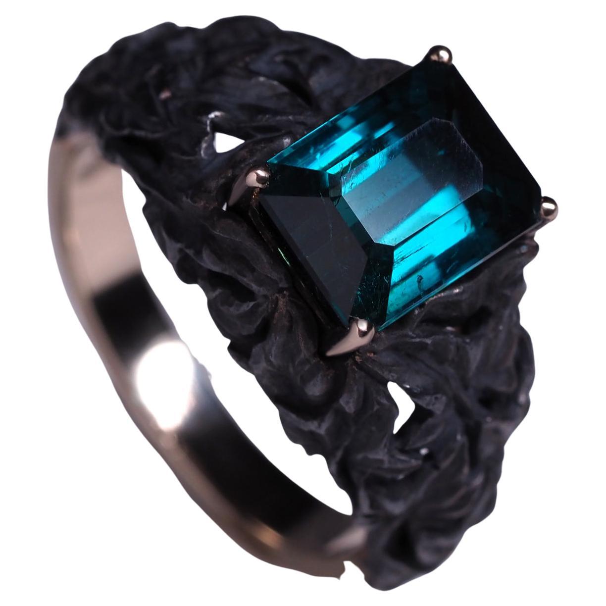 Indigolite Gold Ring Tourmaline Antique Style Engagement Ring art nouveau style
