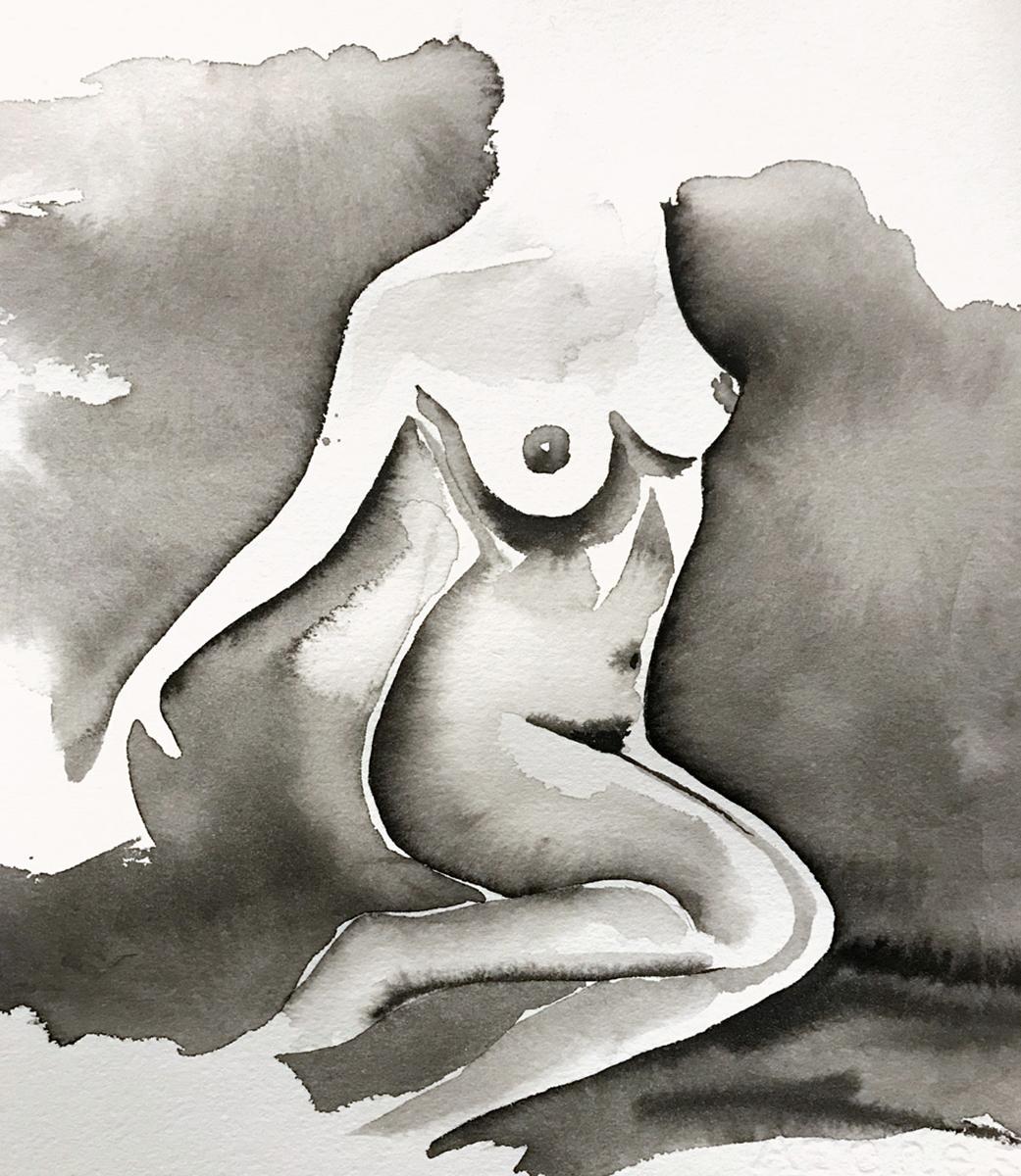 Encre et aquarelle indienne « Silent Shadows » sur papier de coton, nu figuratif