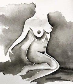 "Silent Shadows" India Ink and Watercolor on Cotton Paper, Figurative, Nude