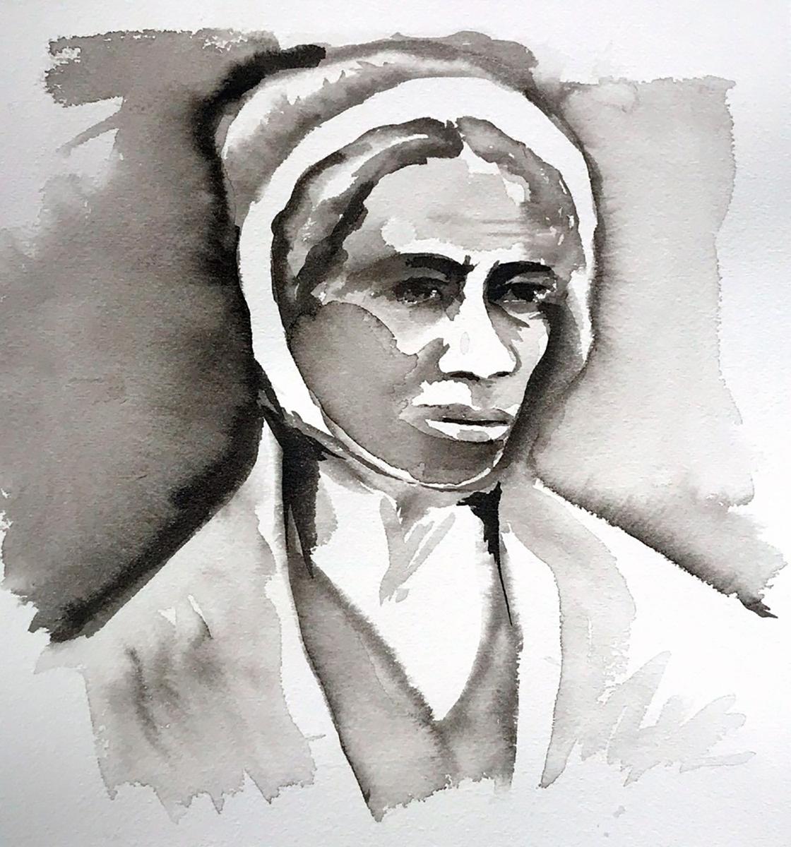 Indira Cesarine Portrait Painting - "SOJOURNER TRUTH" Painting, India Ink on Paper, Framed