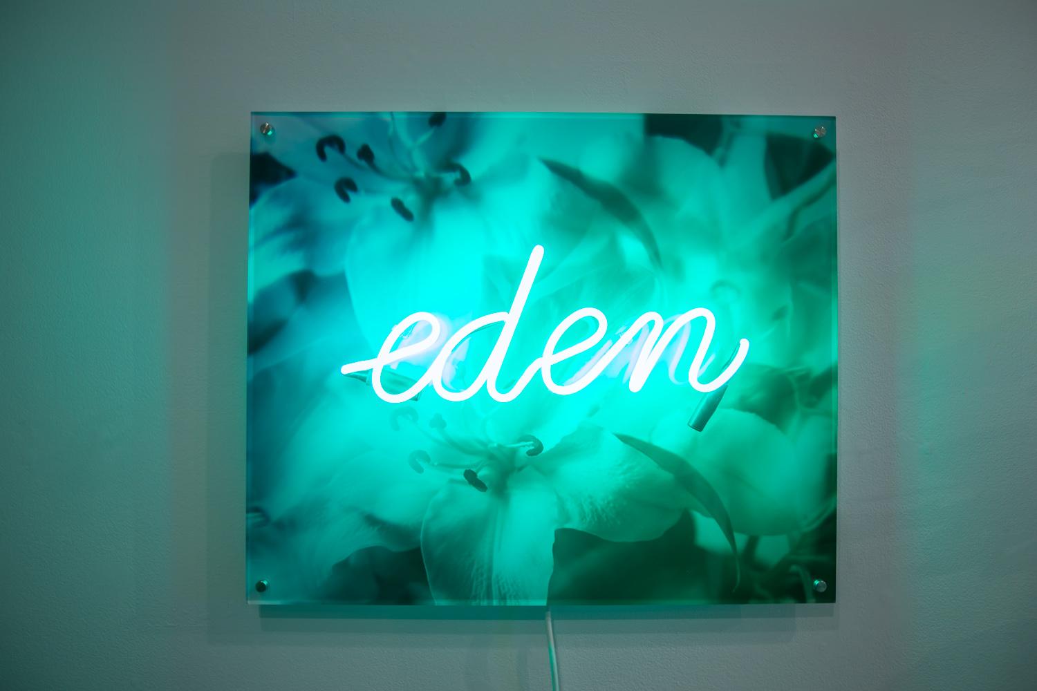 Dreaming of Eden, Neon Sculpture on Acrylic Mounted Photograph, Unique, Signed - Blue Figurative Sculpture by Indira Cesarine