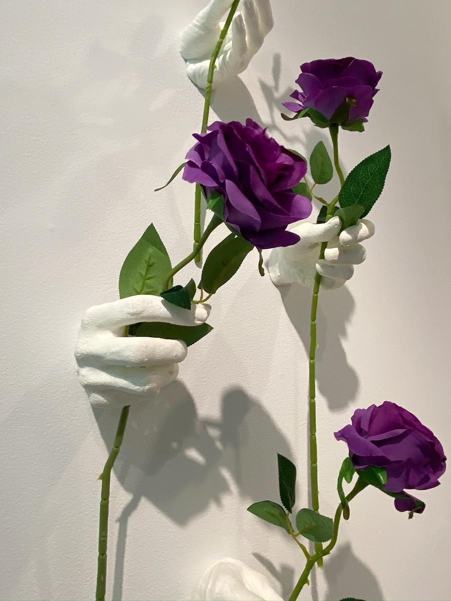 The Labyrinth Series
Pair of 2 resin hand sculptures hand made by artist in white or silver. 
Includes screw mount inside hand for mounting to wall as well as 2 fabric flowers. 
Dimensions: hands alone 4in x 4in x 6in, with flowers 12in x 3in x