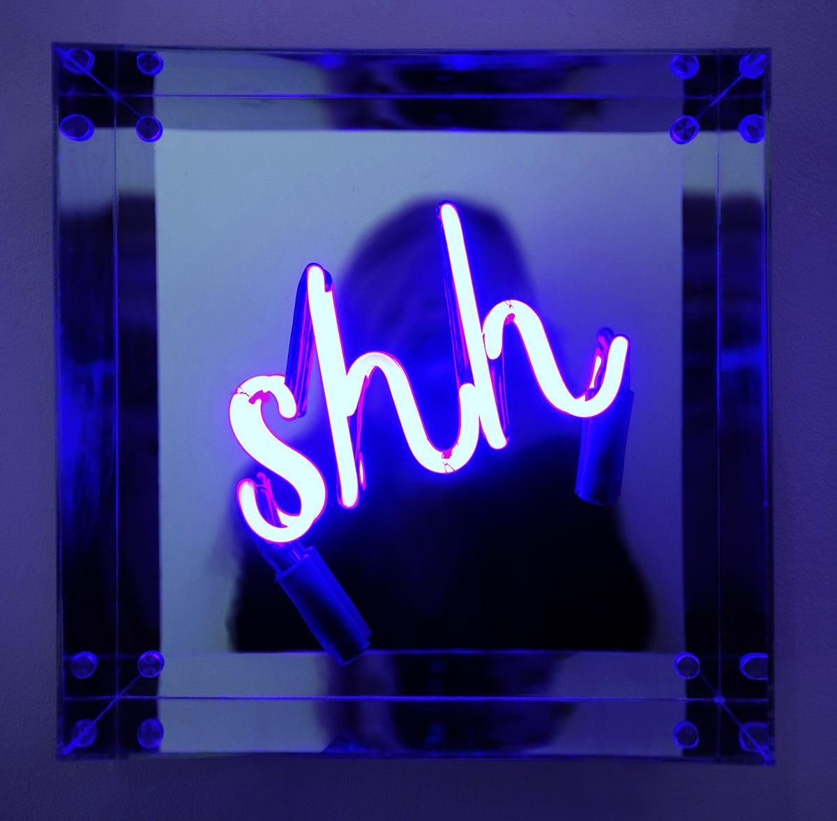 "Pandora's Box Shh (Blue)" Glass Neon Sculpture, Plexi Cube, Mounted - Mixed Media Art by Indira Cesarine