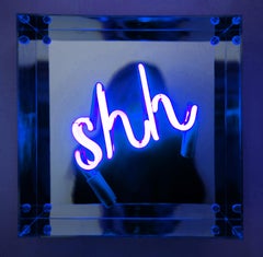 Pandora's Box Shh (Blue), Unique Neon Text Sculpture in Mirrored Plexiglass Cube