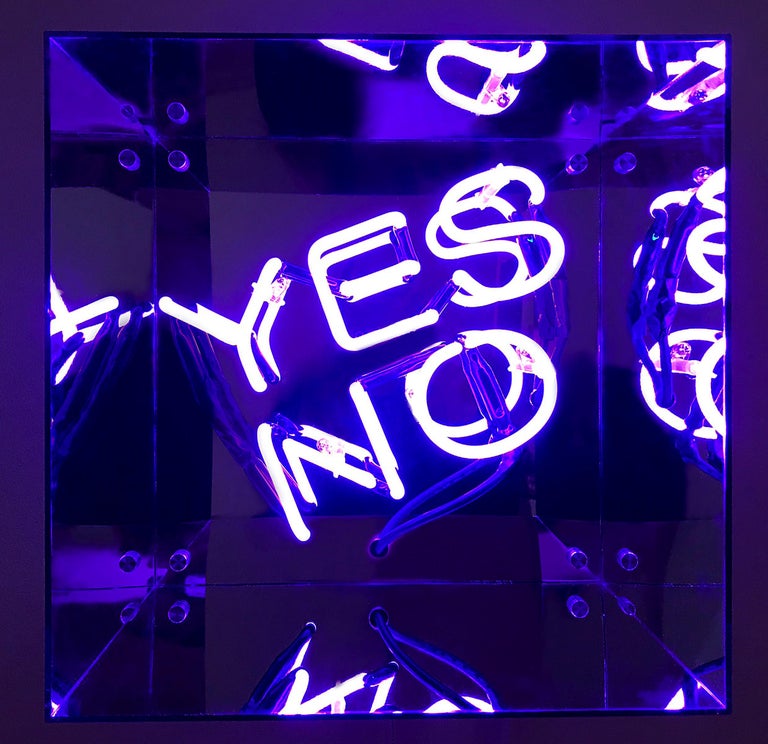 Indira Cesarine Abstract Sculpture - Pandora's Box (violet), Neon Sculpture Mounted in Mirrored Plexi Cube, Signed