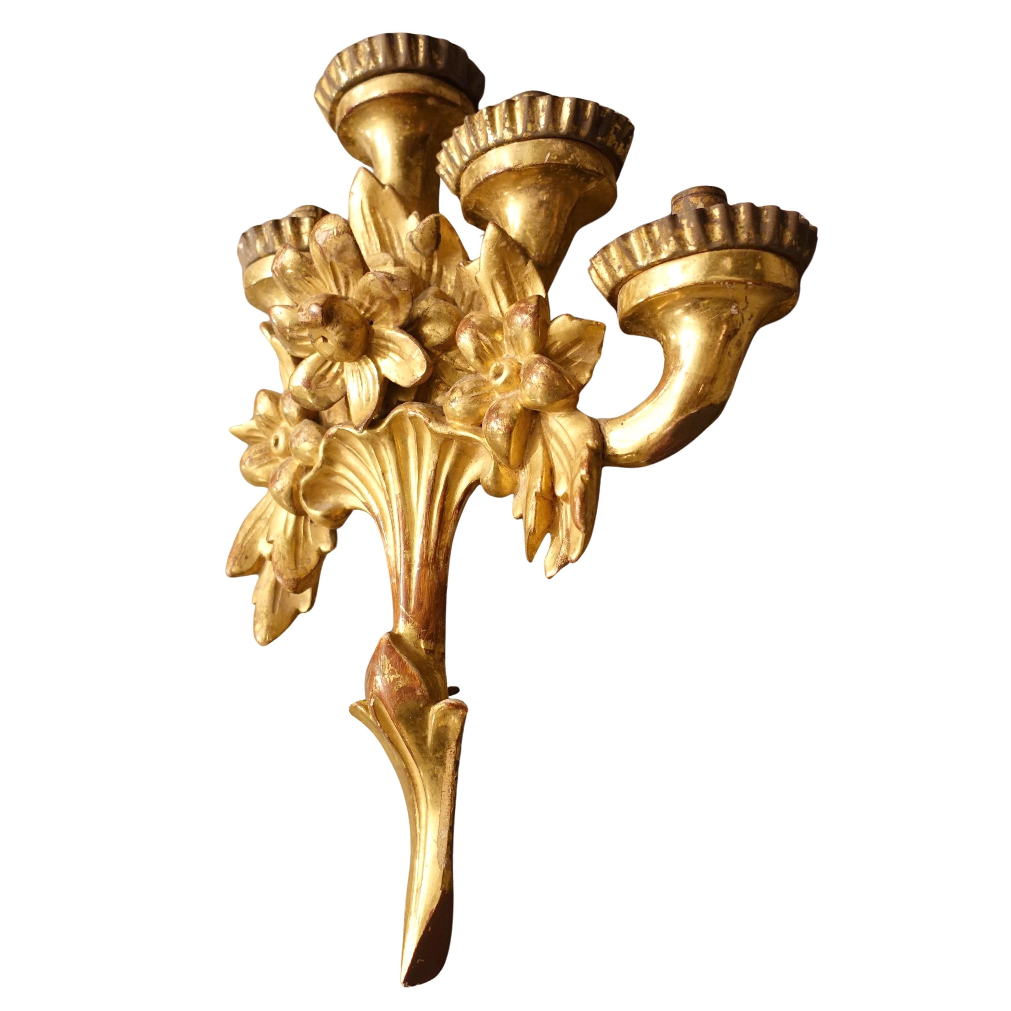 Rococo Revival Individual Antique Four-Candle Giltwood Wall Sconce with Bursting Flowers For Sale
