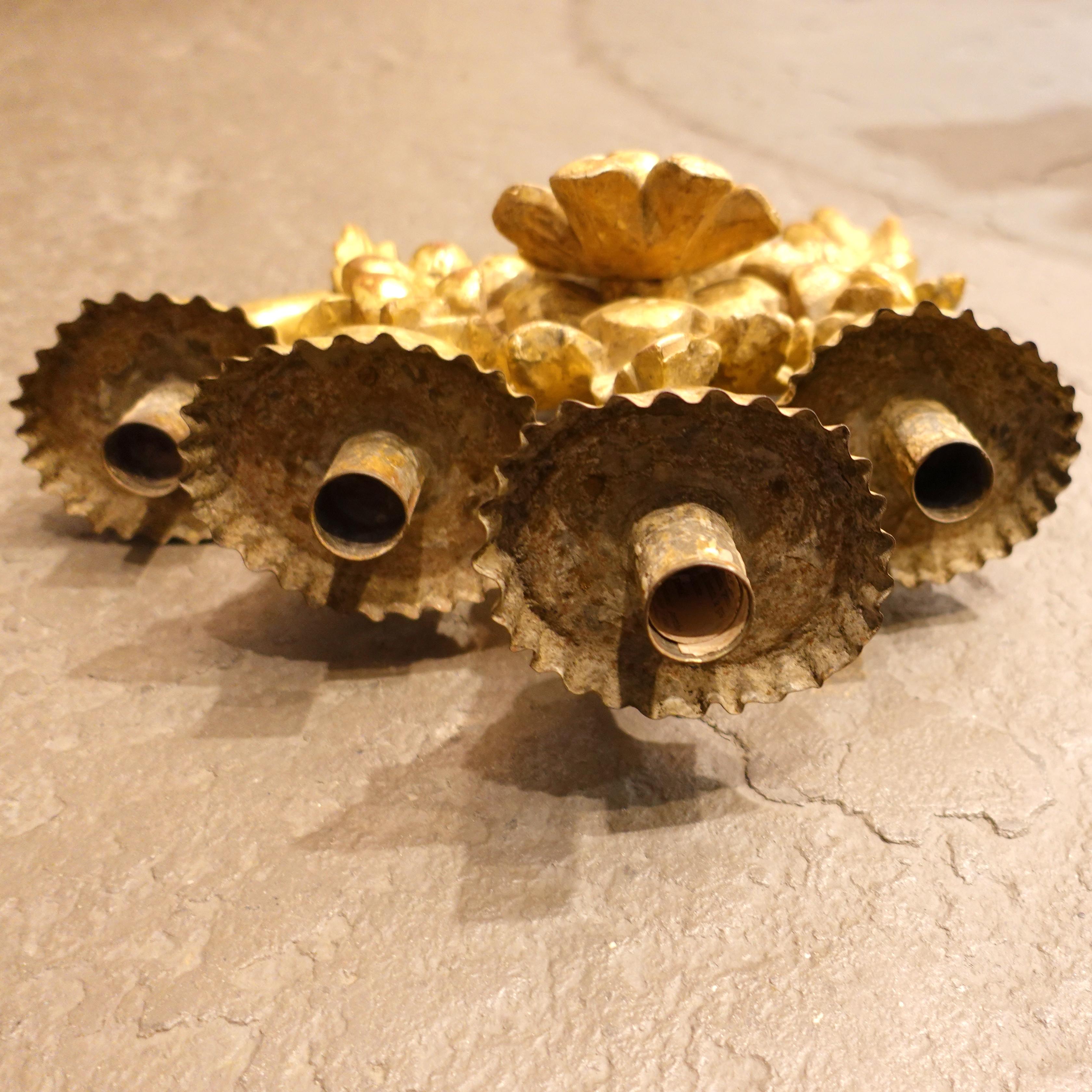 French Individual Antique Four-Candle Giltwood Wall Sconce with Bursting Flowers For Sale