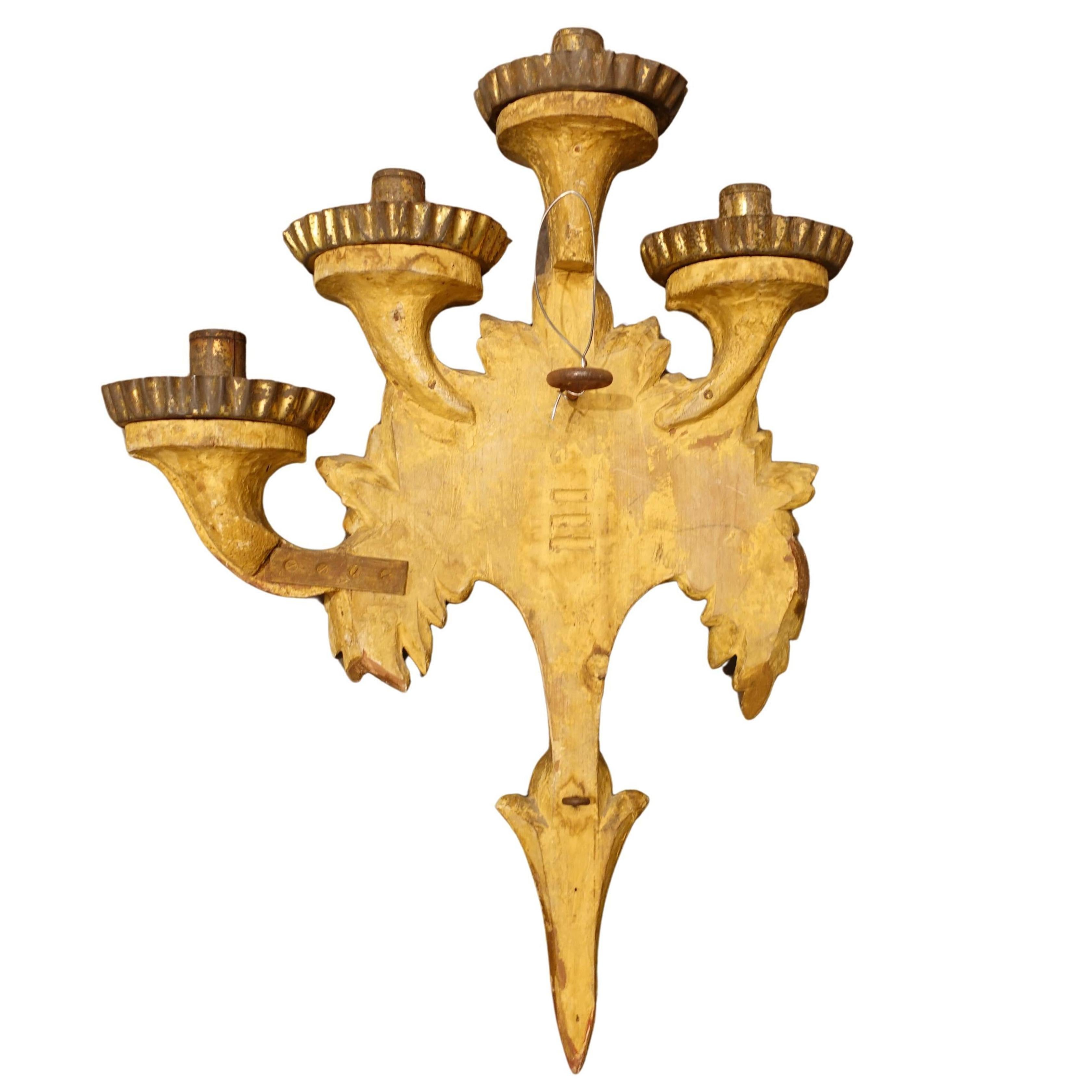 Hand-Carved Individual Antique Four-Candle Giltwood Wall Sconce with Bursting Flowers For Sale