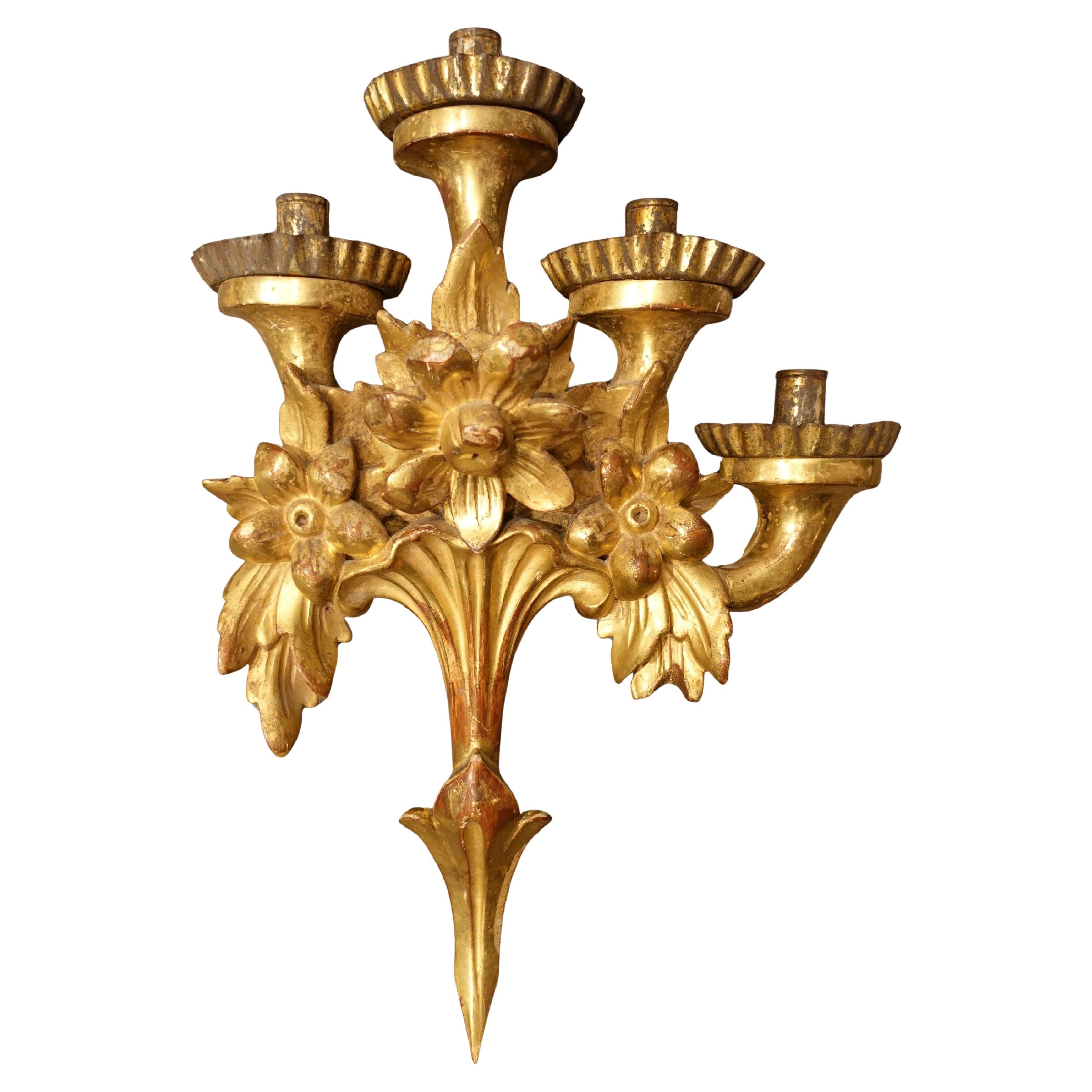 Individual Antique Four-Candle Giltwood Wall Sconce with Bursting Flowers For Sale