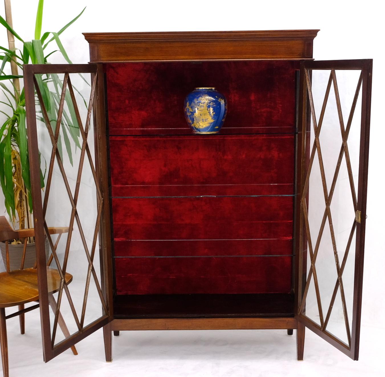 Individual Glass Pane Double Doors Pencil Inlay Flame Mahogany Show Case For Sale 1