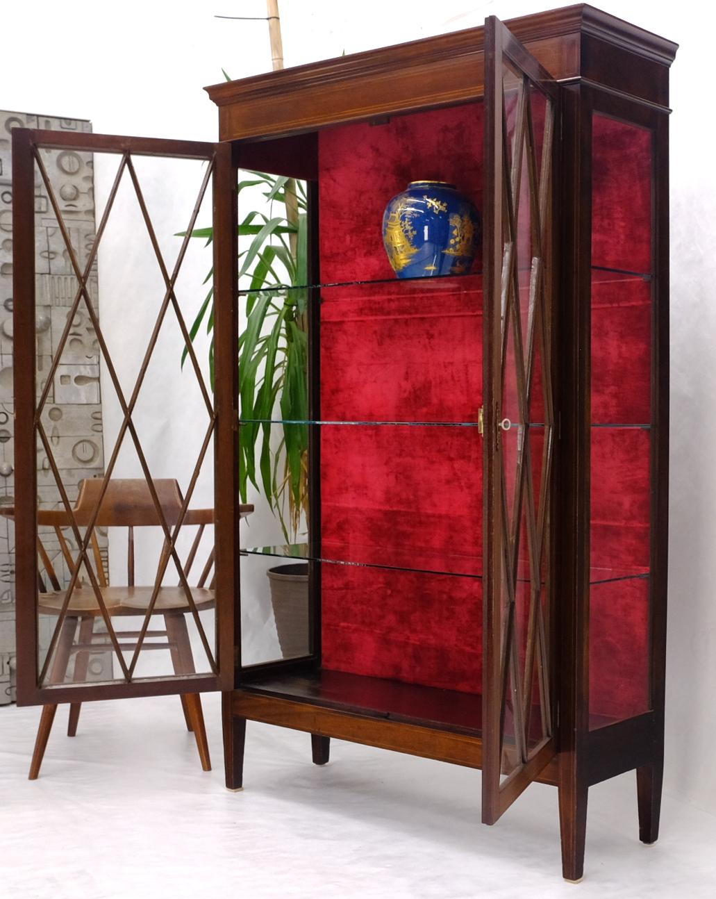 C. 1920s flame mahogany individual glass panes double doors display cabinet curio showcase.