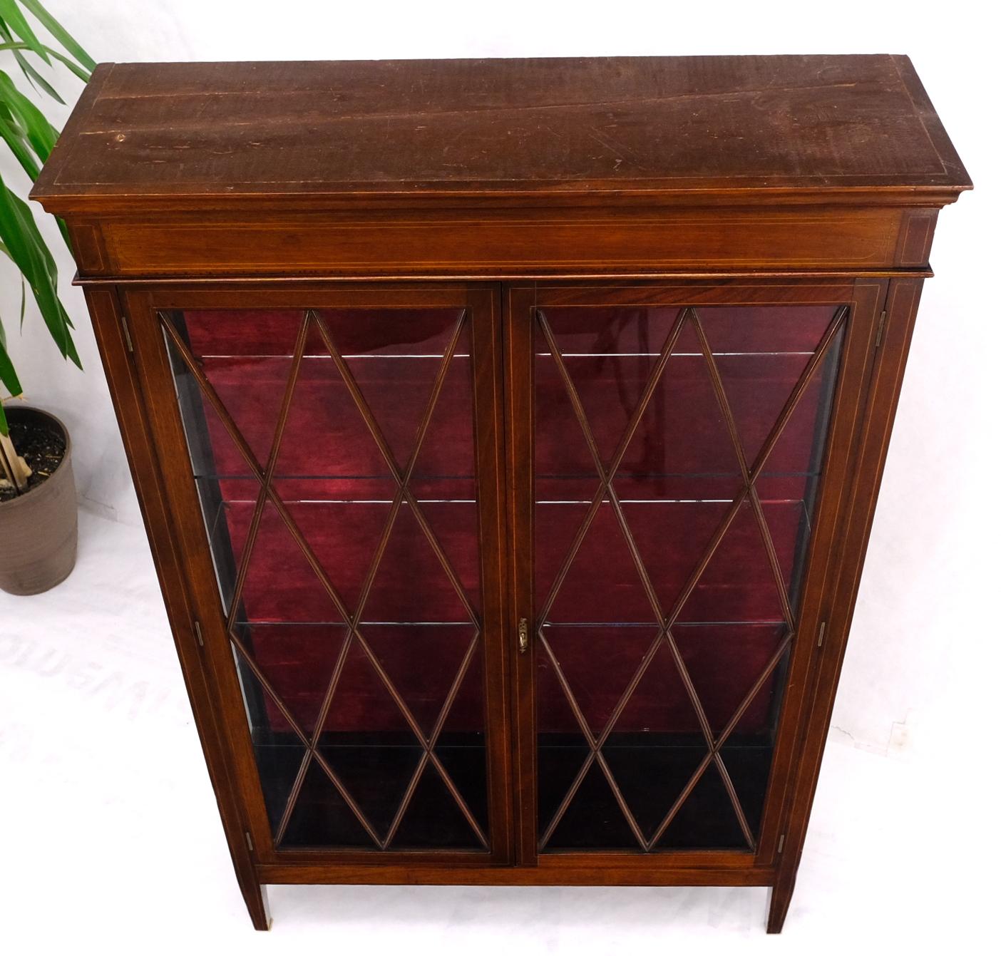 Lacquered Individual Glass Pane Double Doors Pencil Inlay Flame Mahogany Show Case For Sale