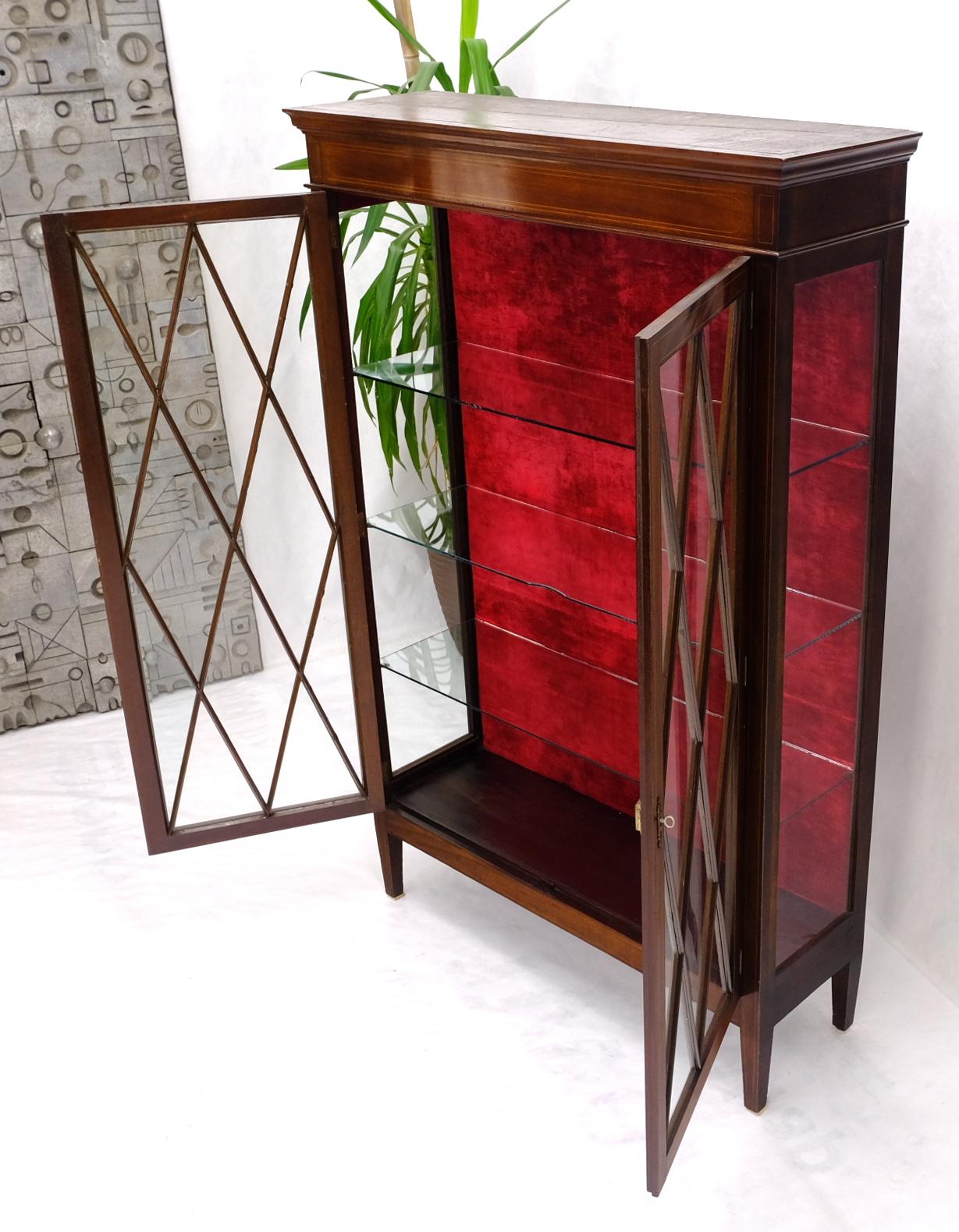 Individual Glass Pane Double Doors Pencil Inlay Flame Mahogany Show Case In Good Condition For Sale In Rockaway, NJ