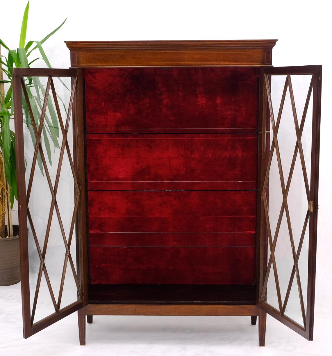 20th Century Individual Glass Pane Double Doors Pencil Inlay Flame Mahogany Show Case For Sale