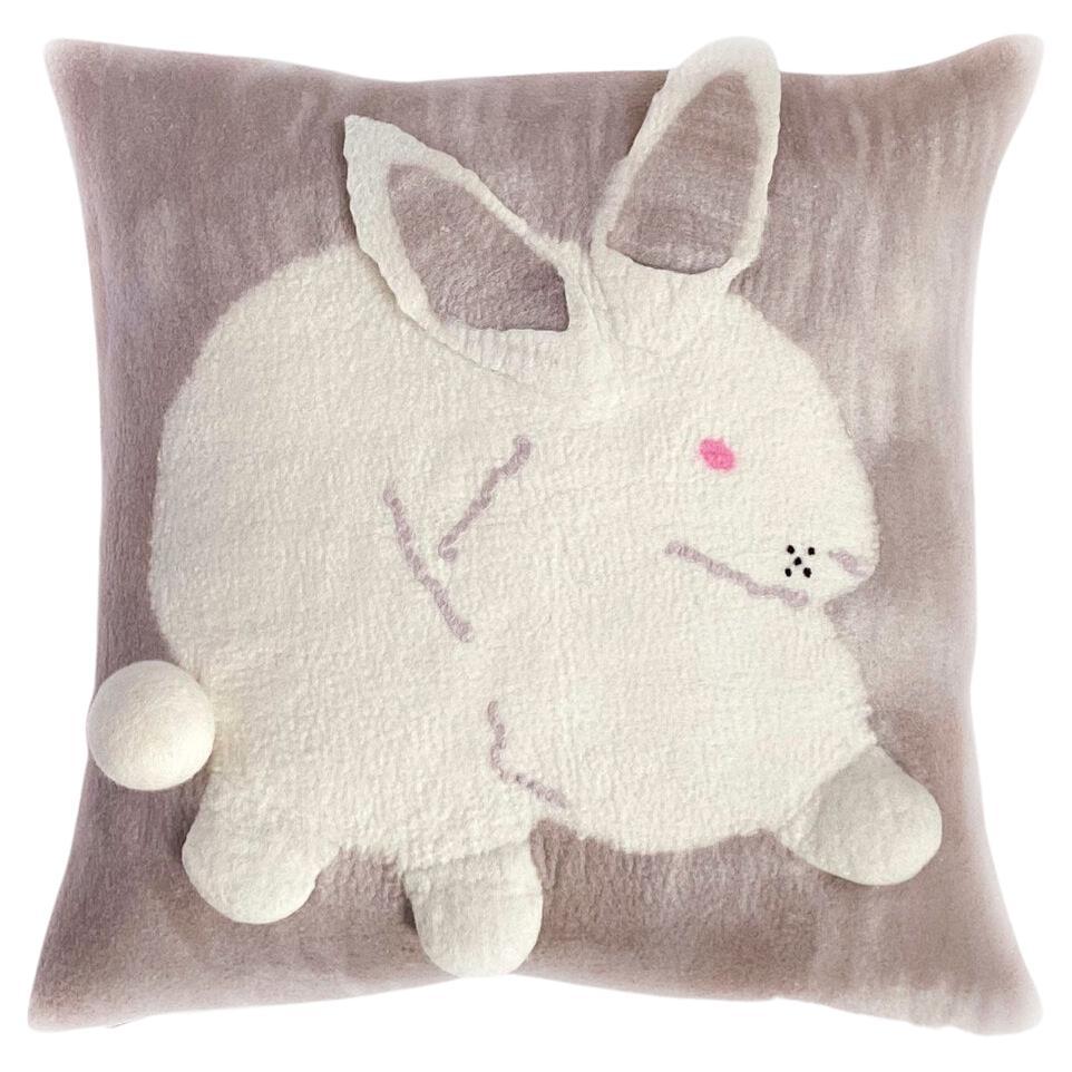 Contemporary Handmade Wool Pillows with Playful Bunny Animal Image