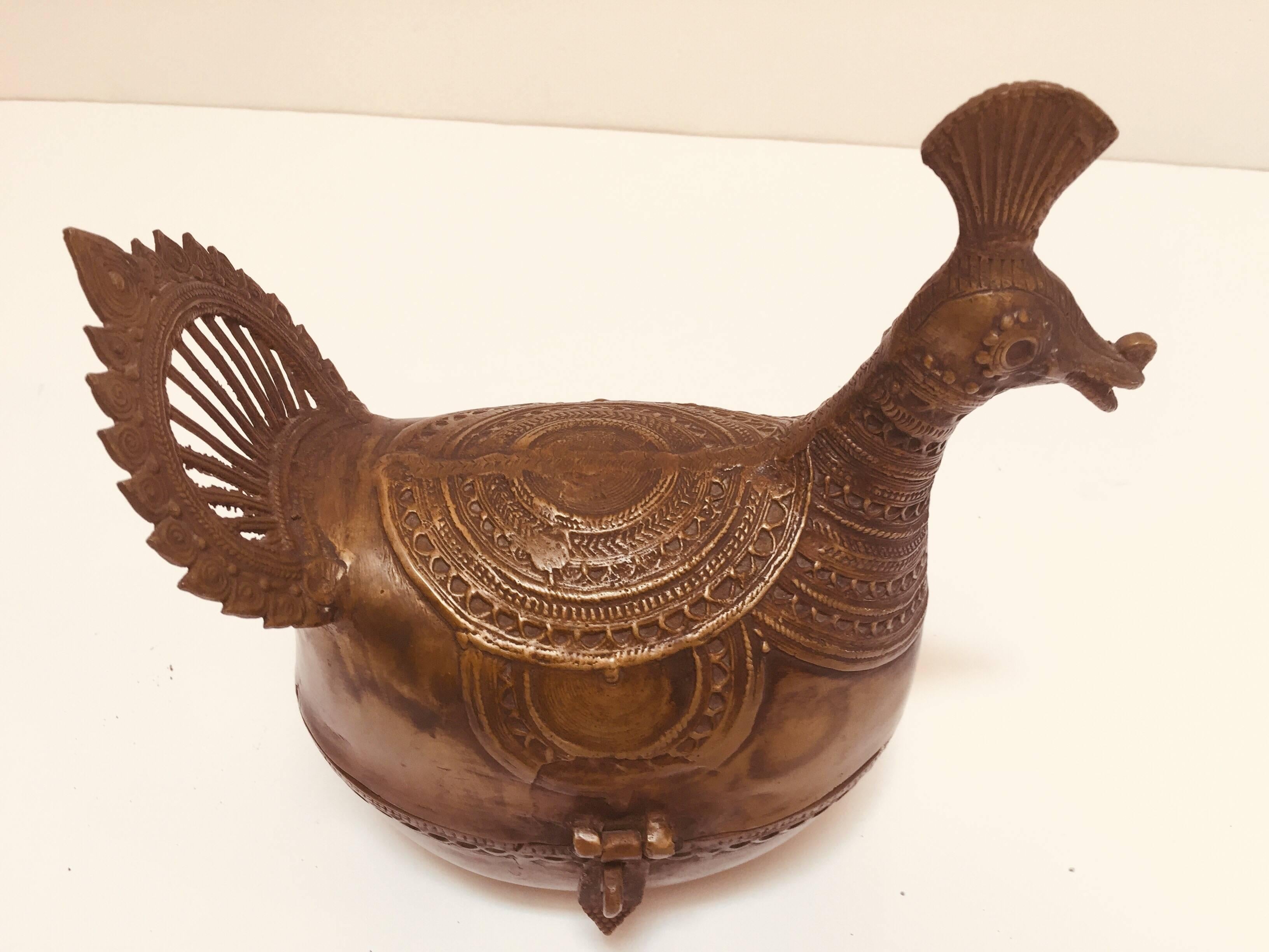 Brass Indo-Islamic Dhokra Copper Betel Nut Peacock Lidded Box