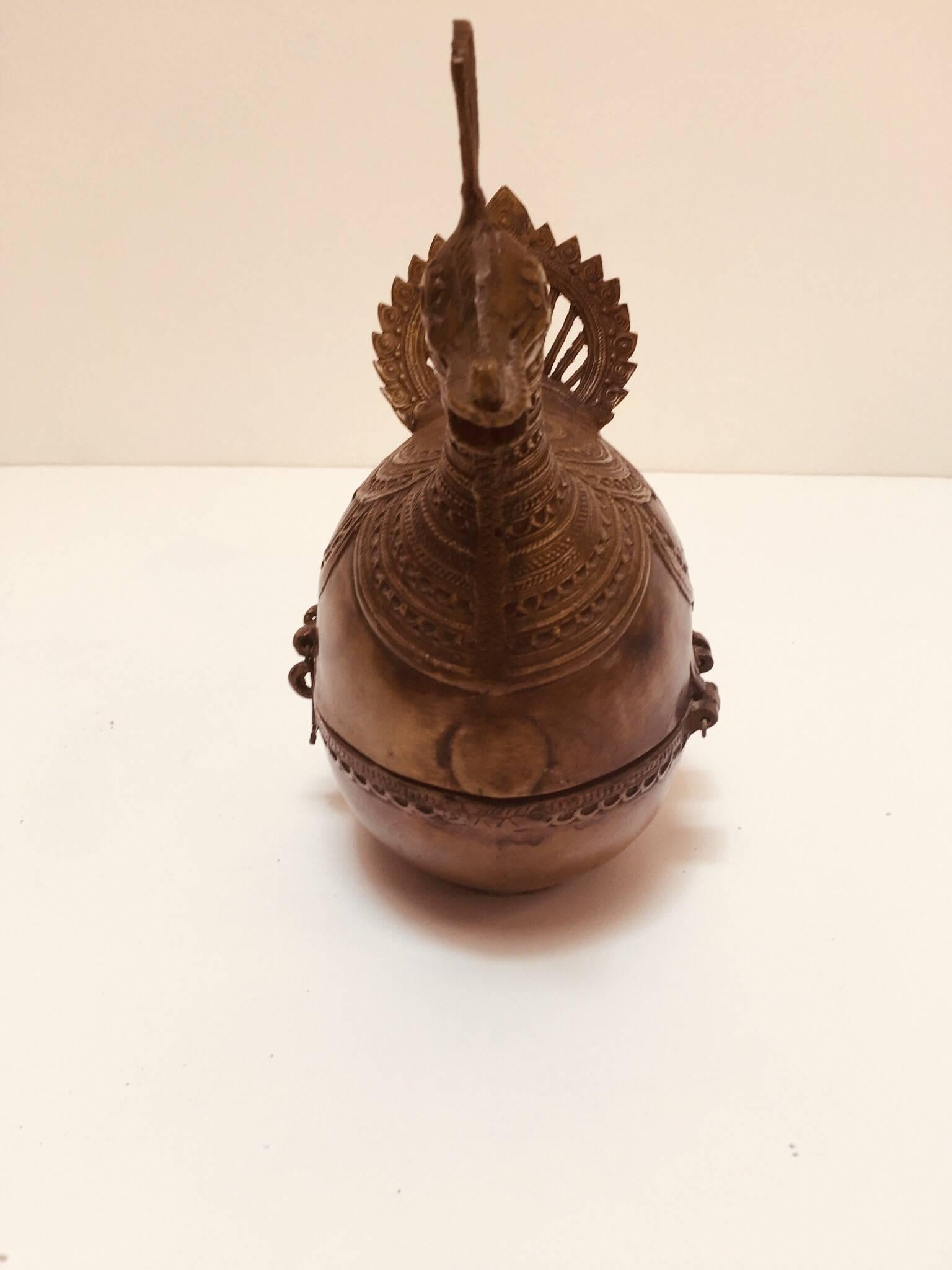 Indo-Islamic Dhokra Copper Betel Nut Peacock Lidded Box 1