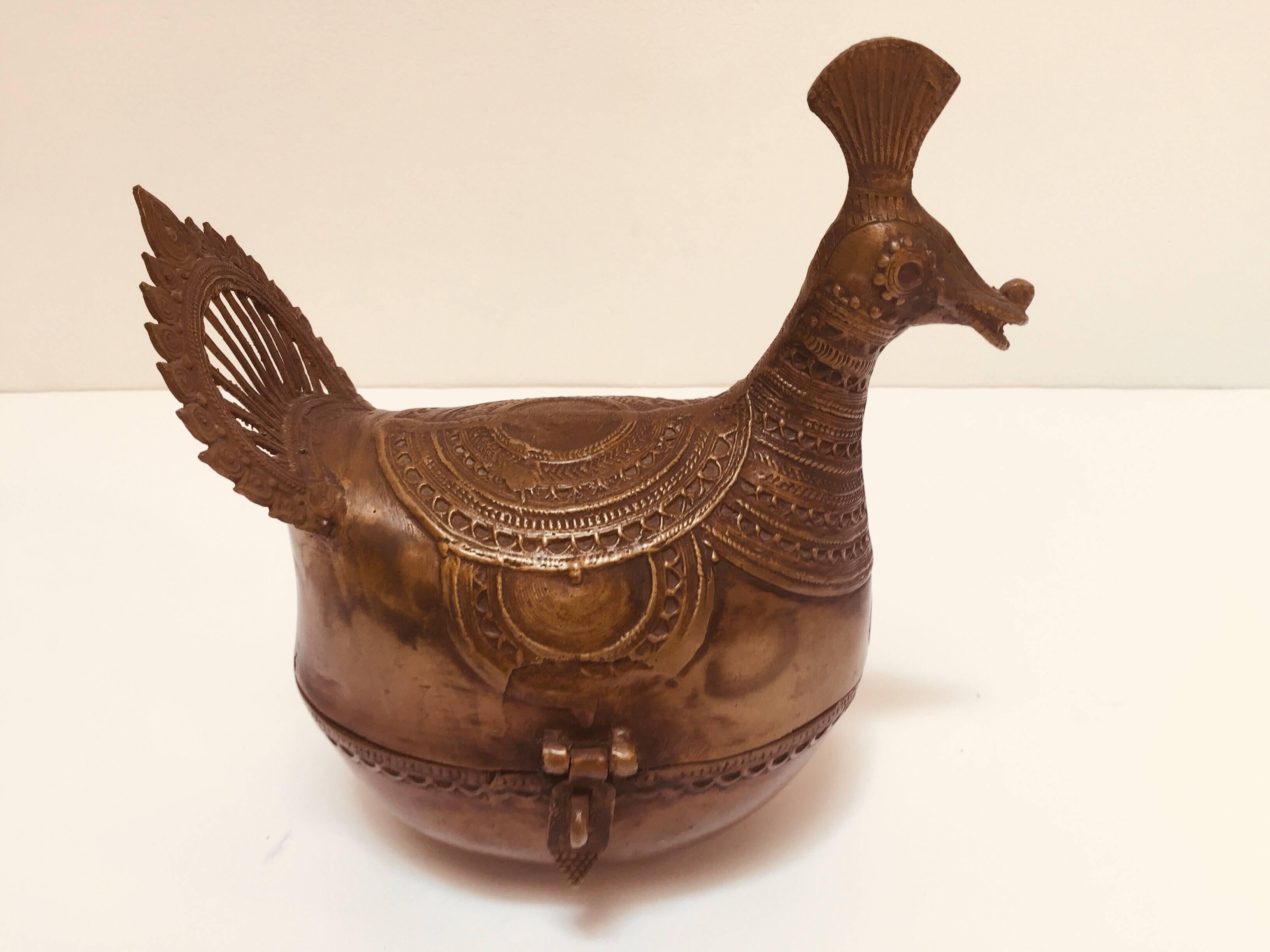Anglo Raj Indo-Islamic Dhokra Copper Betel Nut Peacock Lidded Box
