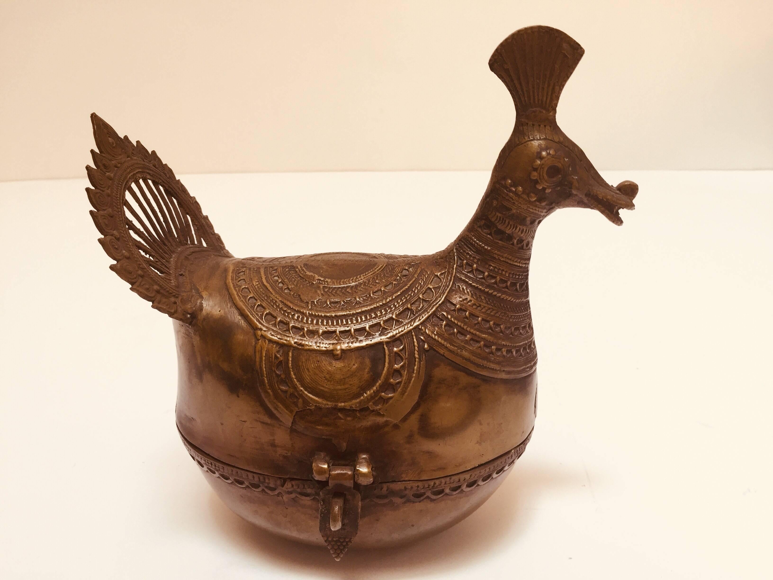 Indian Indo-Islamic Dhokra Copper Betel Nut Peacock Lidded Box