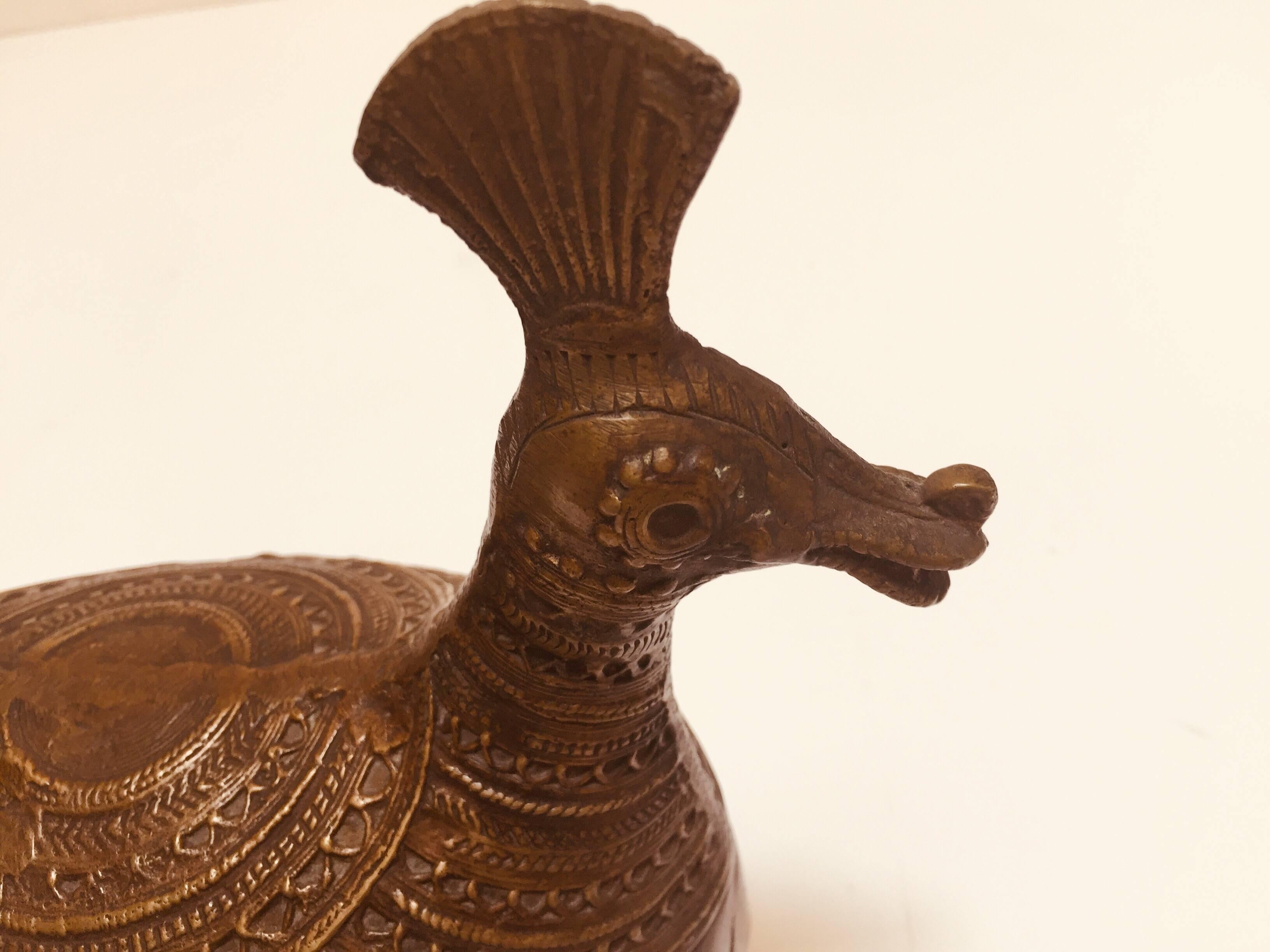 Hand-Carved Indo-Islamic Dhokra Copper Betel Nut Peacock Lidded Box