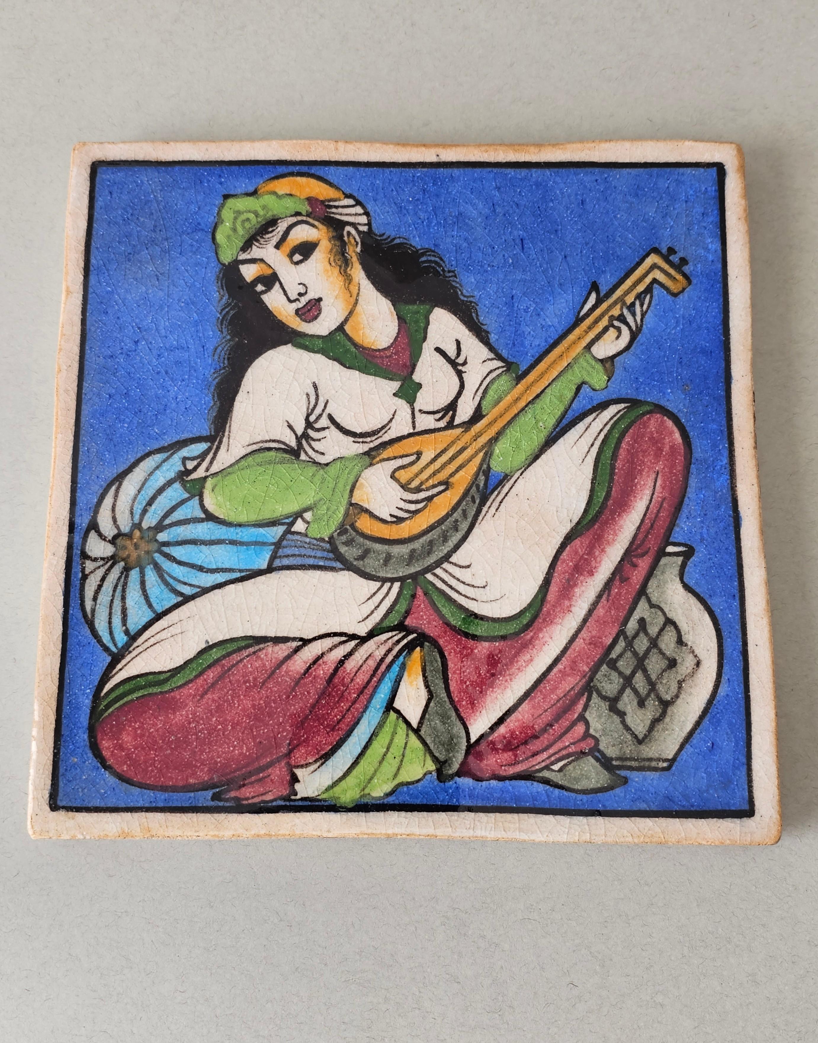 Indo-Persian Hand Painted Ceramic Wall Tile  For Sale 8